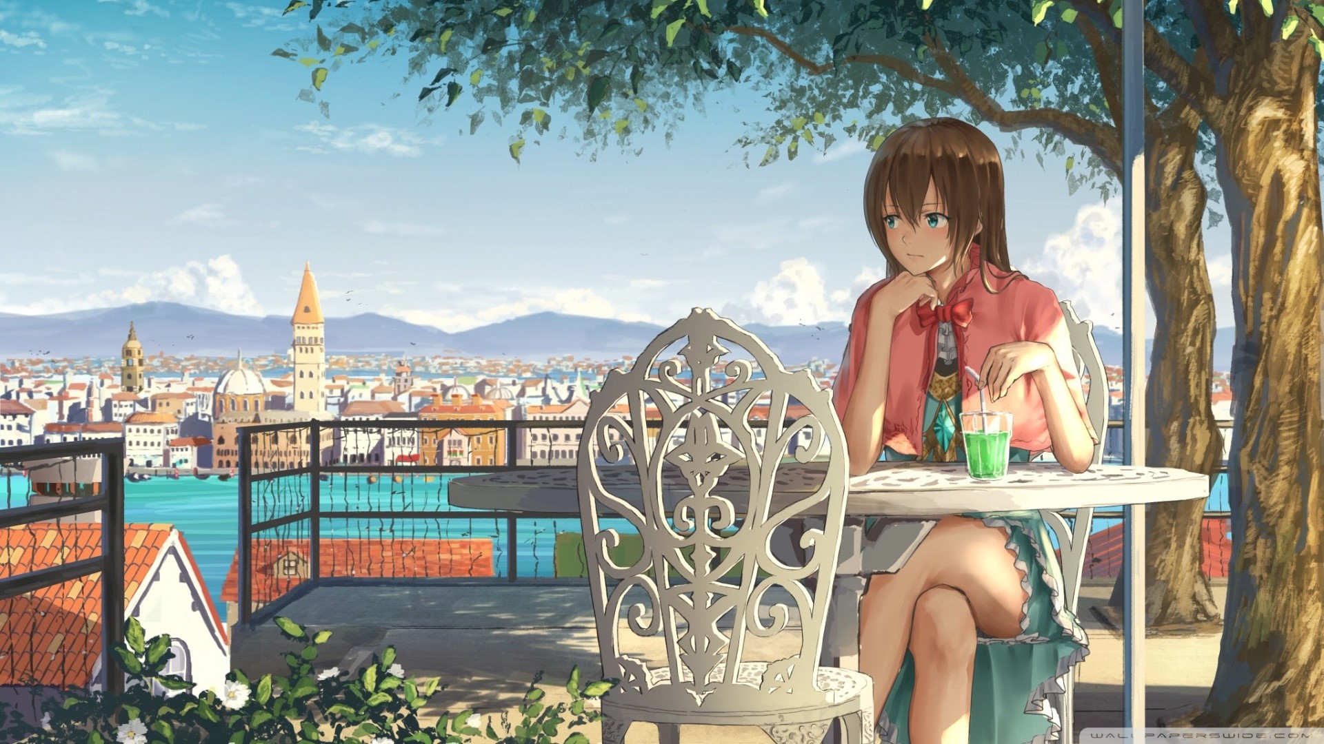 anime, anime girls, cafes, painting, drawing, blue eyes, HD Wallpaper