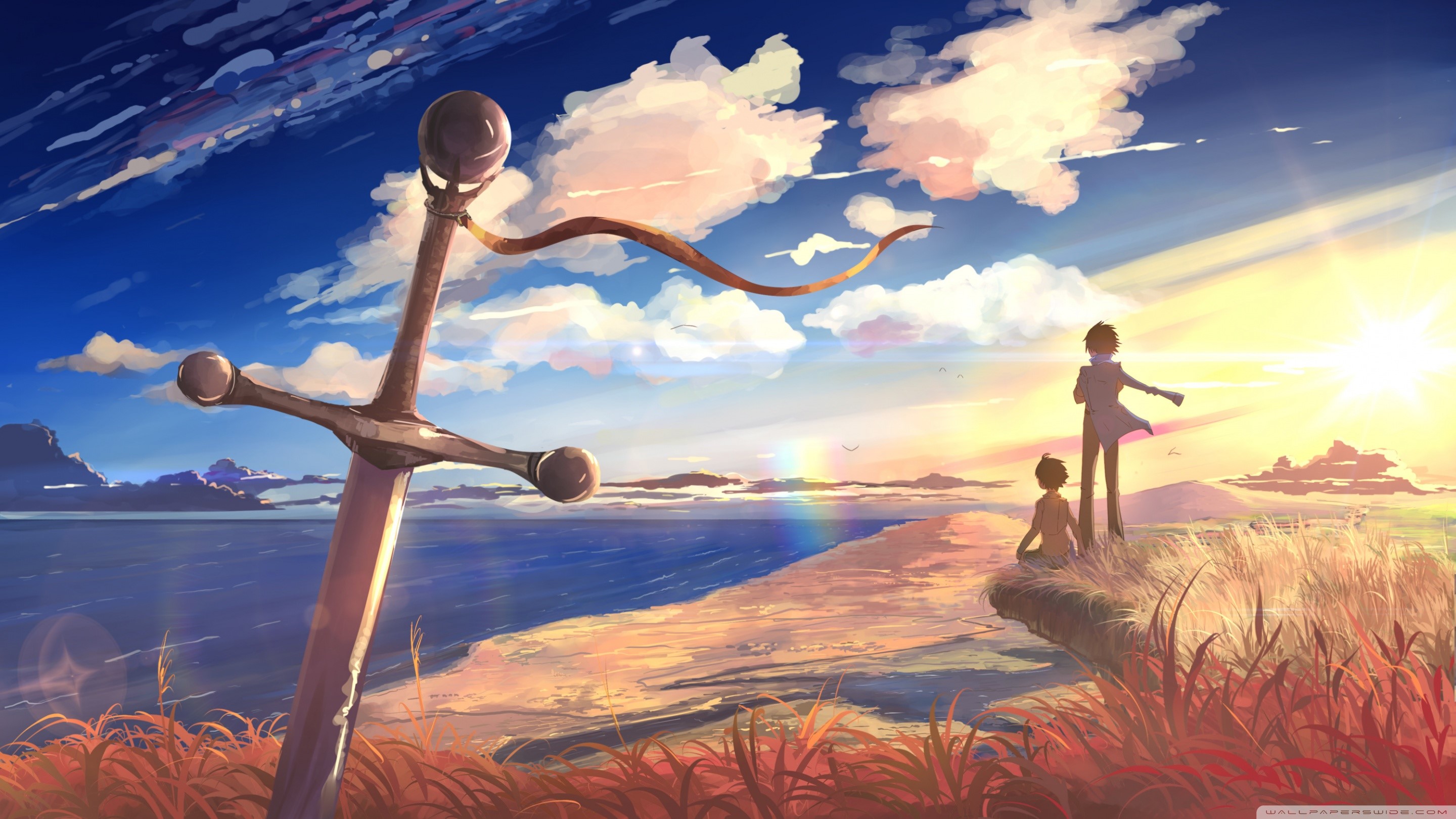 shore, sword, drawing, painting, anime, anime boys, HD Wallpaper