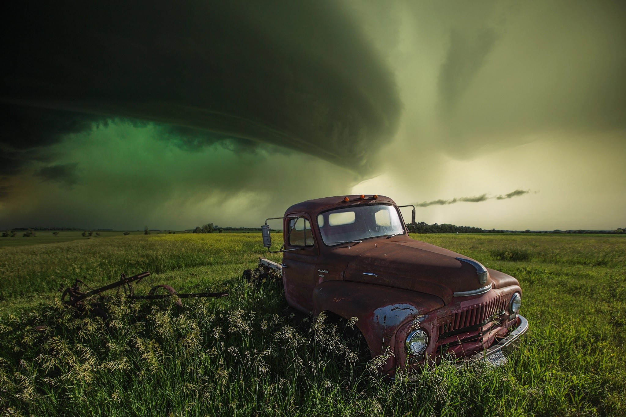 field, landscape, storm, car, vehicle, dark, sky, HD Wallpaper