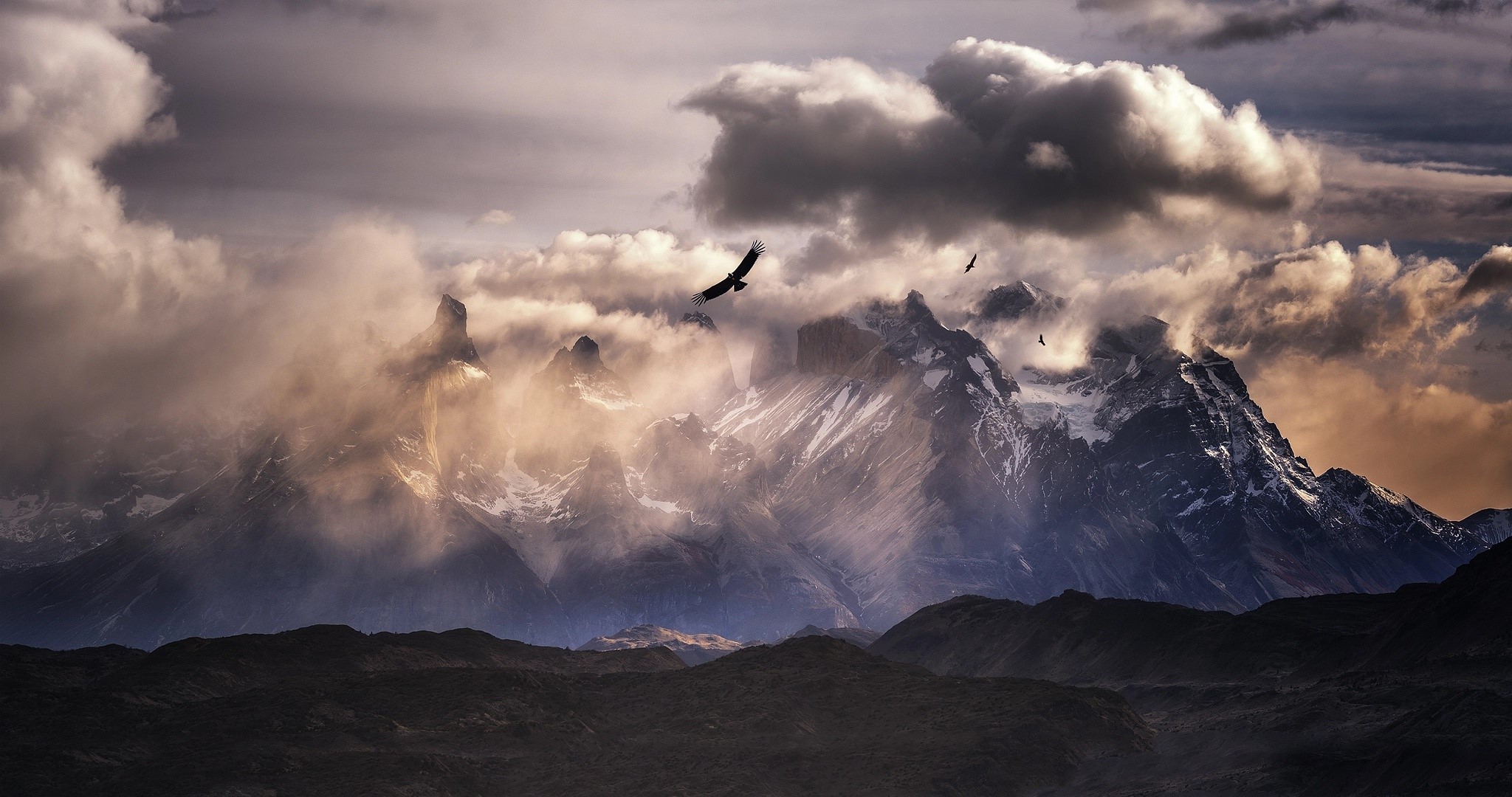 South America, mountains, nature, birds, sky, clouds, HD Wallpaper