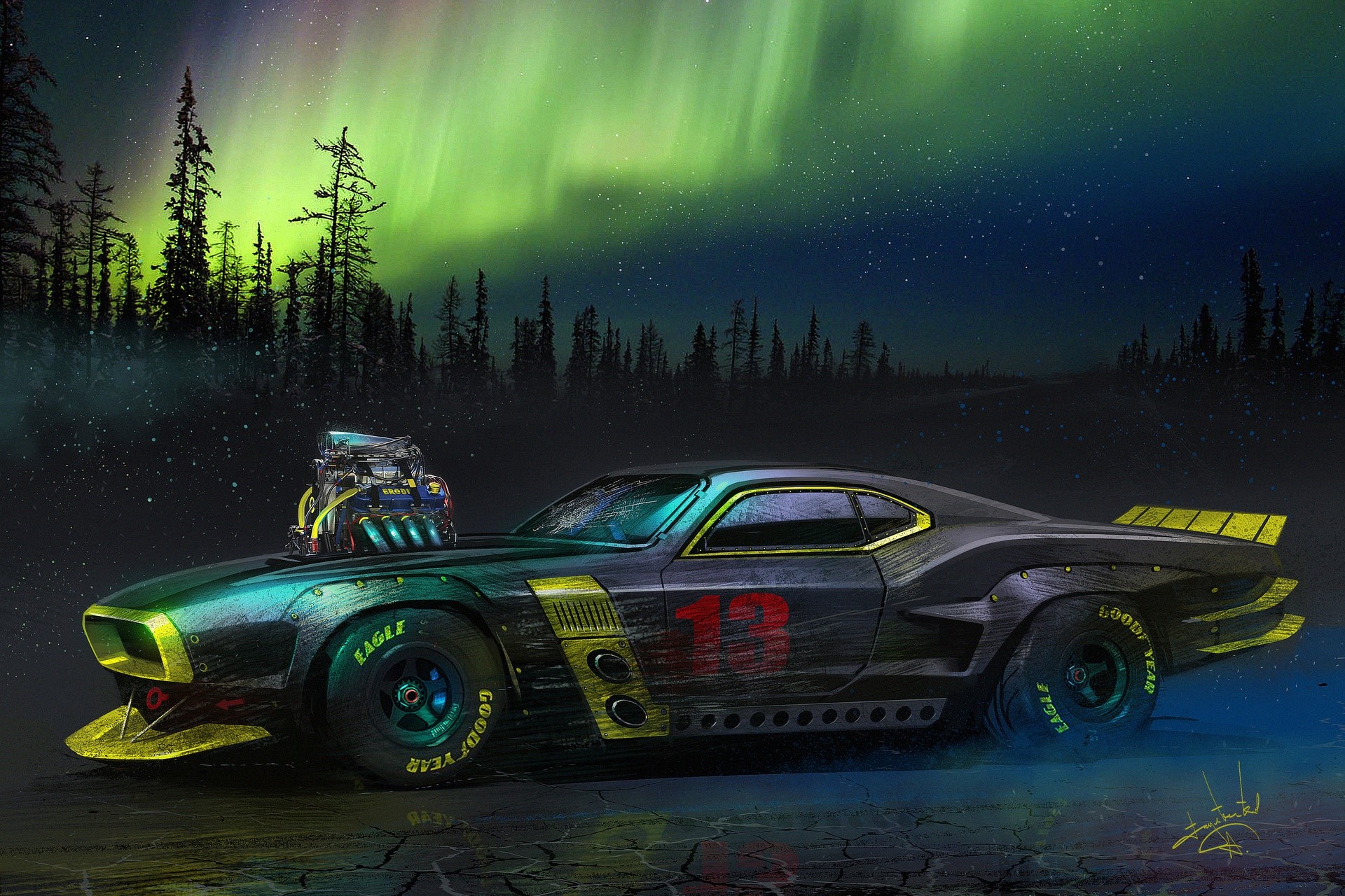 artwork, car, vehicle, night, sky, numbers, aurorae, Plymouth Barracuda, Plymouth, HD Wallpaper