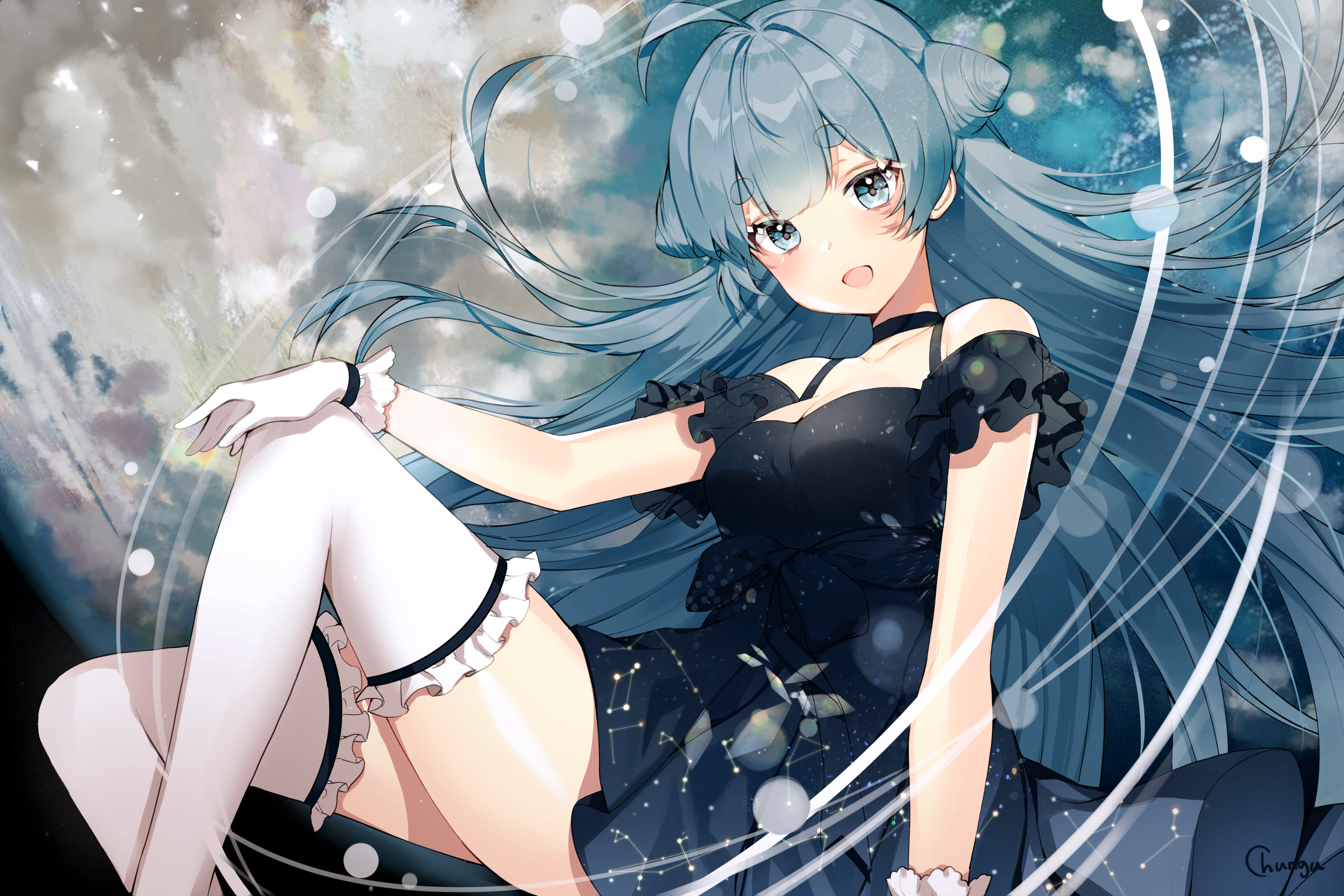 anime, anime girls, floating, Moon, dress, stars, constellation, blue hair, Smile, HD Wallpaper