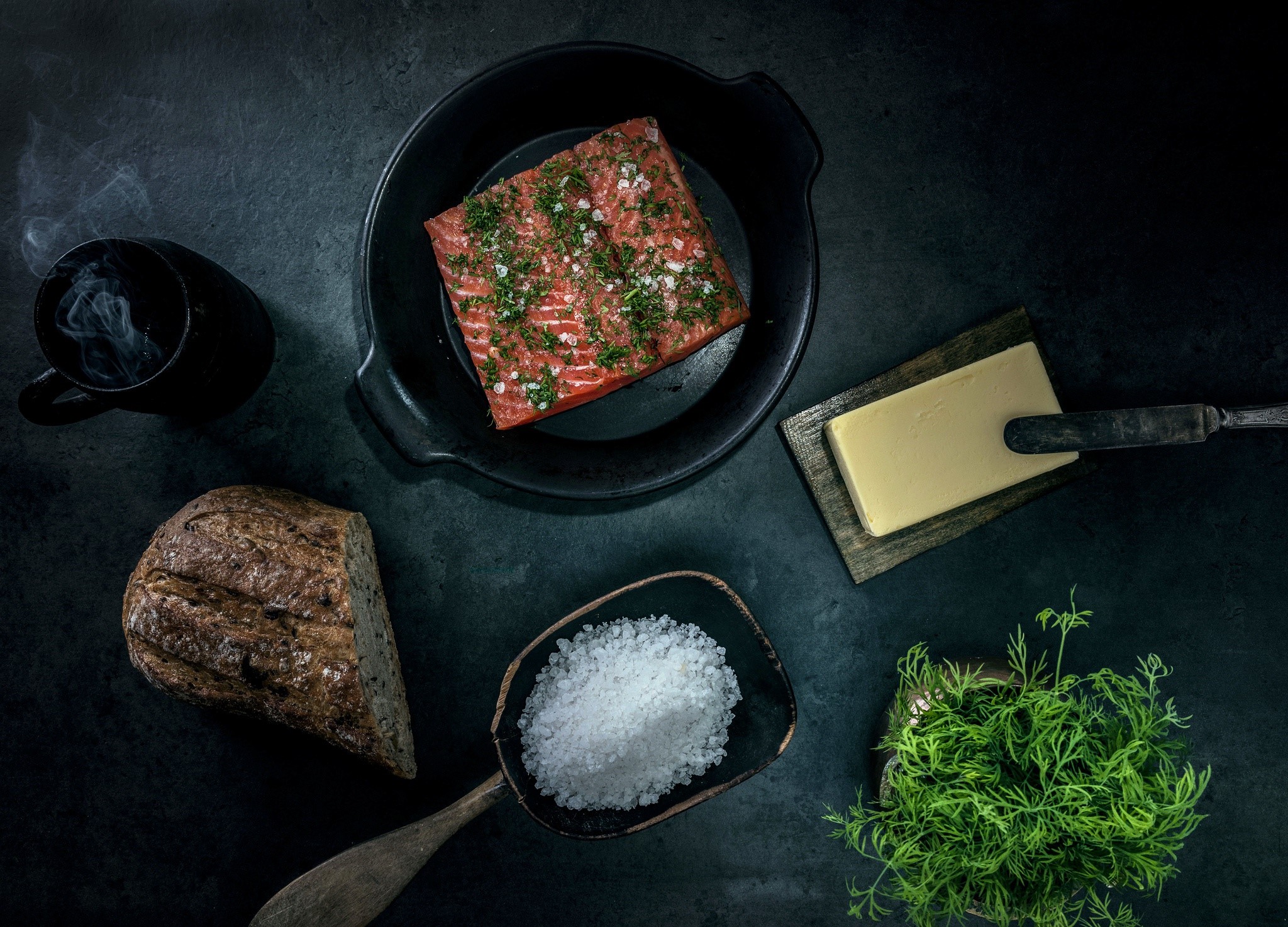 still life, food, bread, Butter, meat, salt, HD Wallpaper