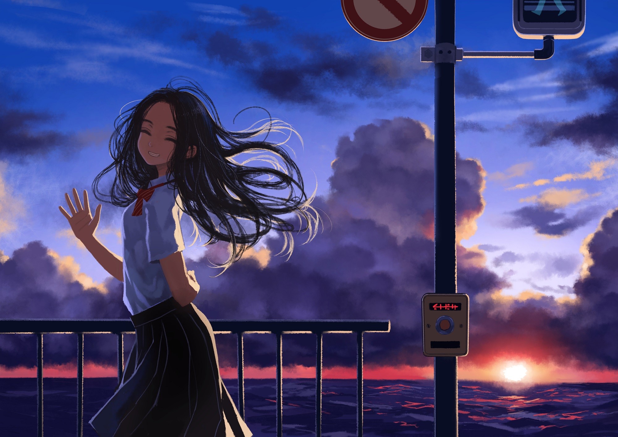 anime, anime girls, black hair, school uniform, sunset, HD Wallpaper