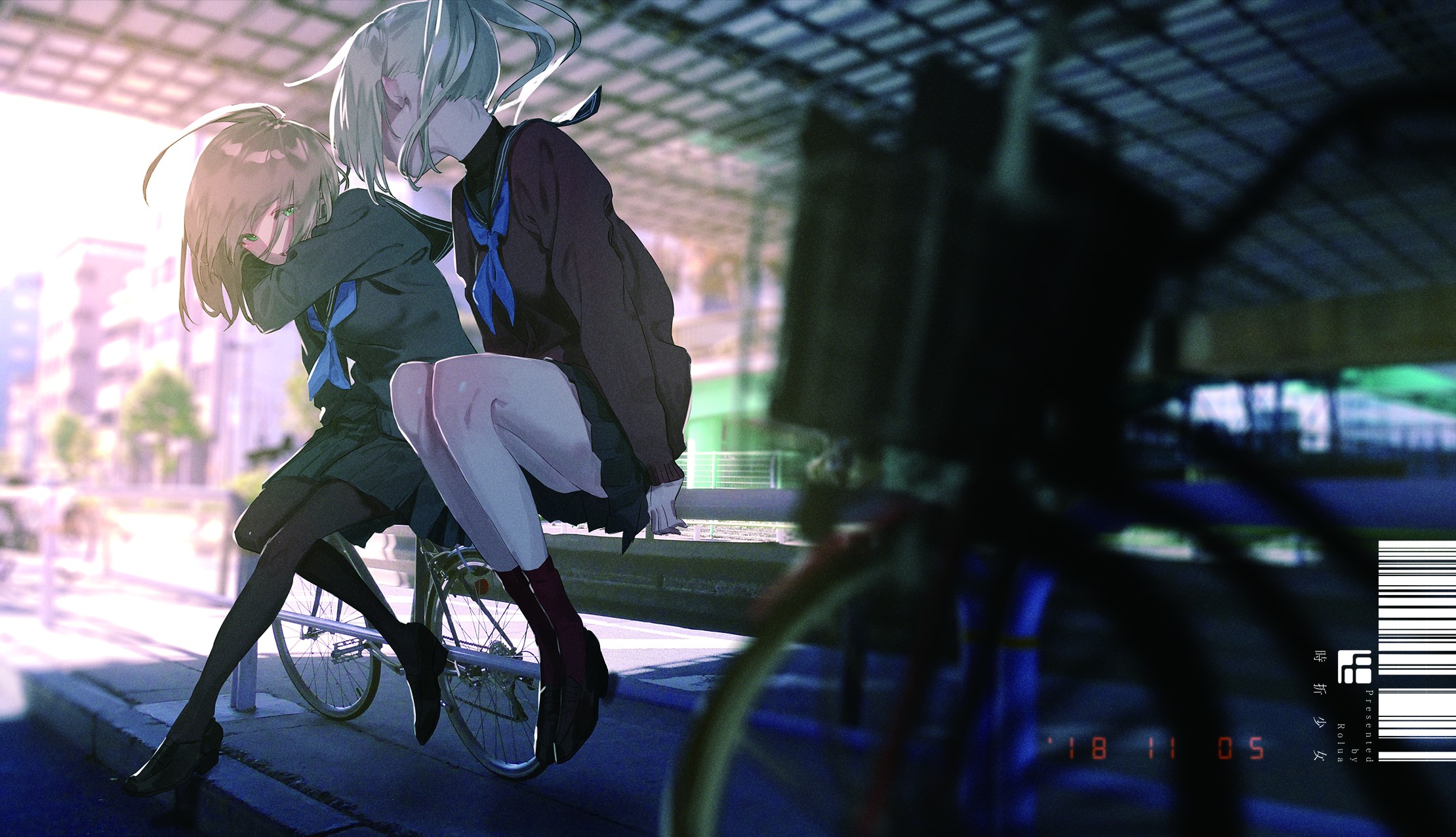 bicycle, fence, anime, anime girls, schoolgirl, urban, legs, legs together, numbers, HD Wallpaper