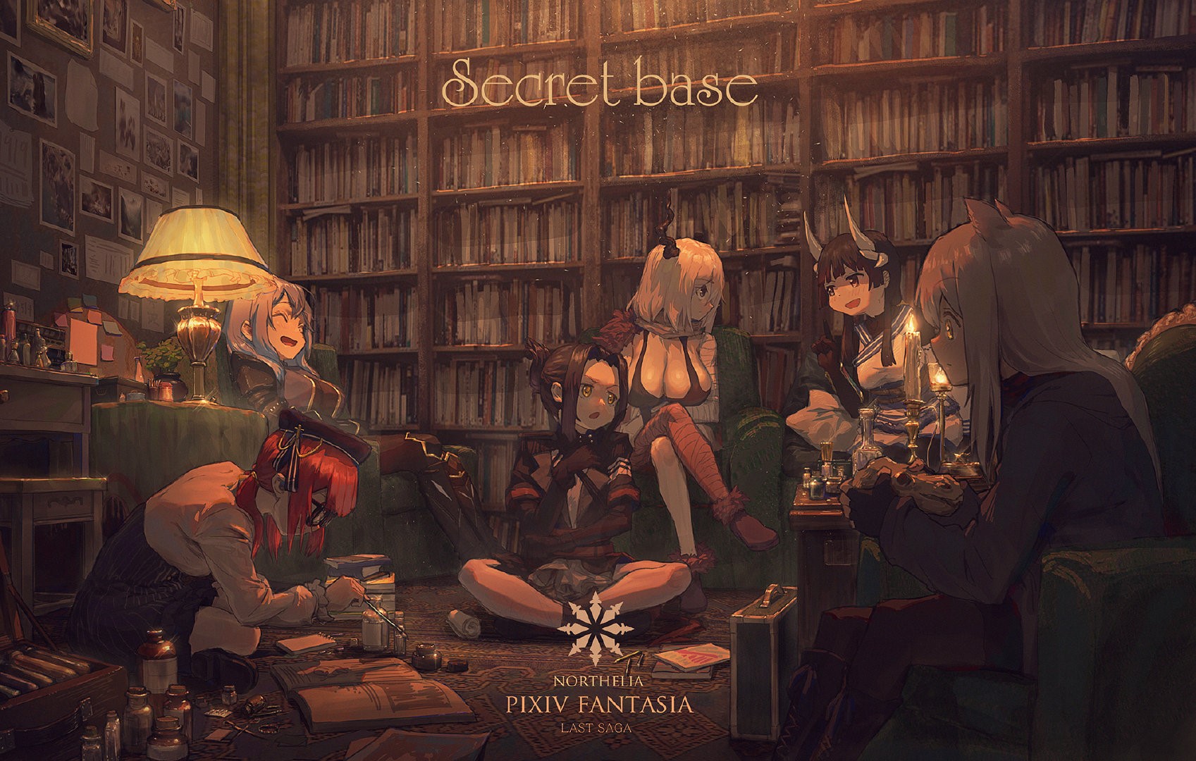 anime girls, Pixiv Fantasia, room, Pixiv, anime, legs crossed, interior, on the floor, redhead, horns, HD Wallpaper