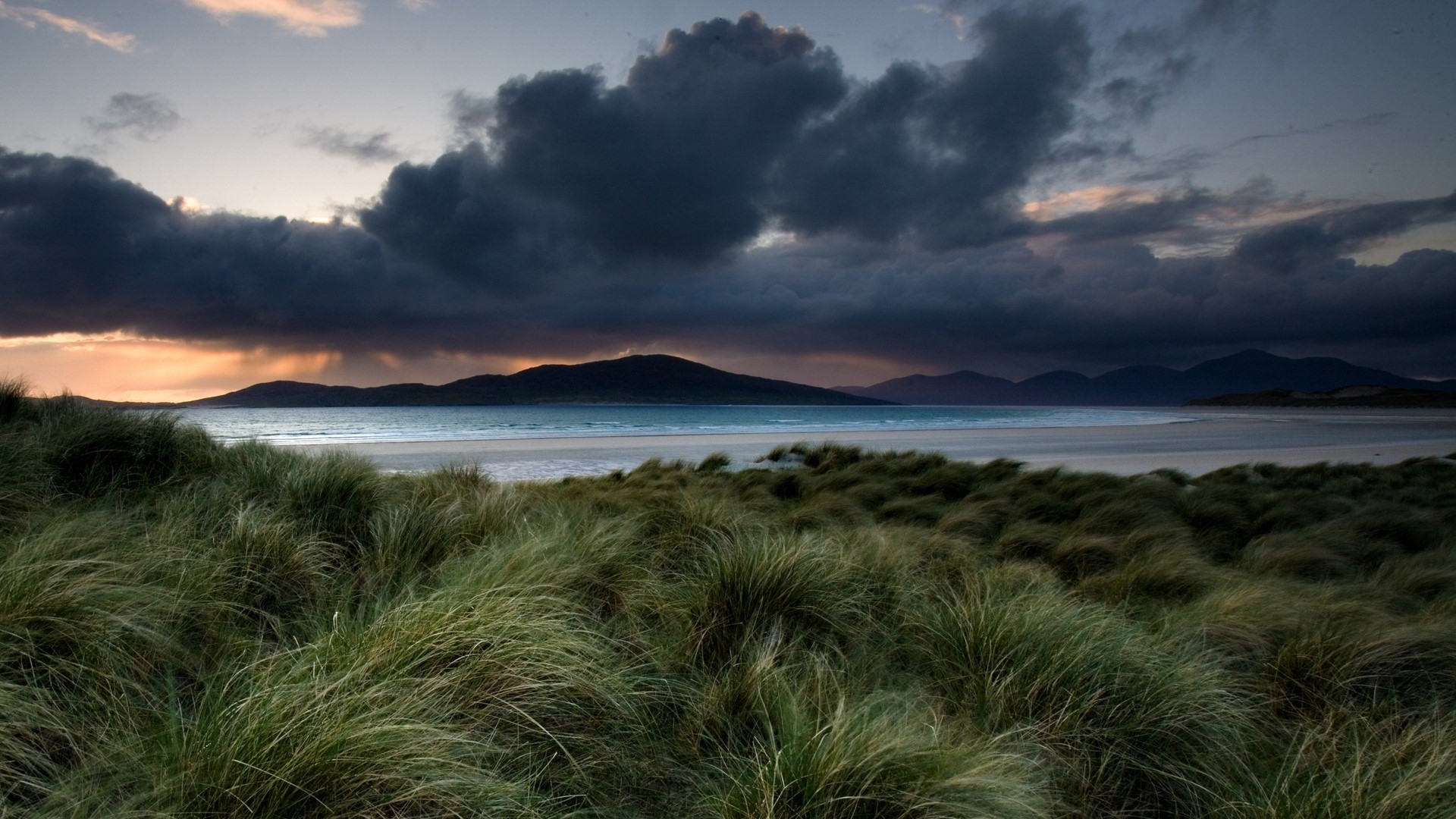 clouds, sky, lake, grass, shore, sea, landscape, HD Wallpaper