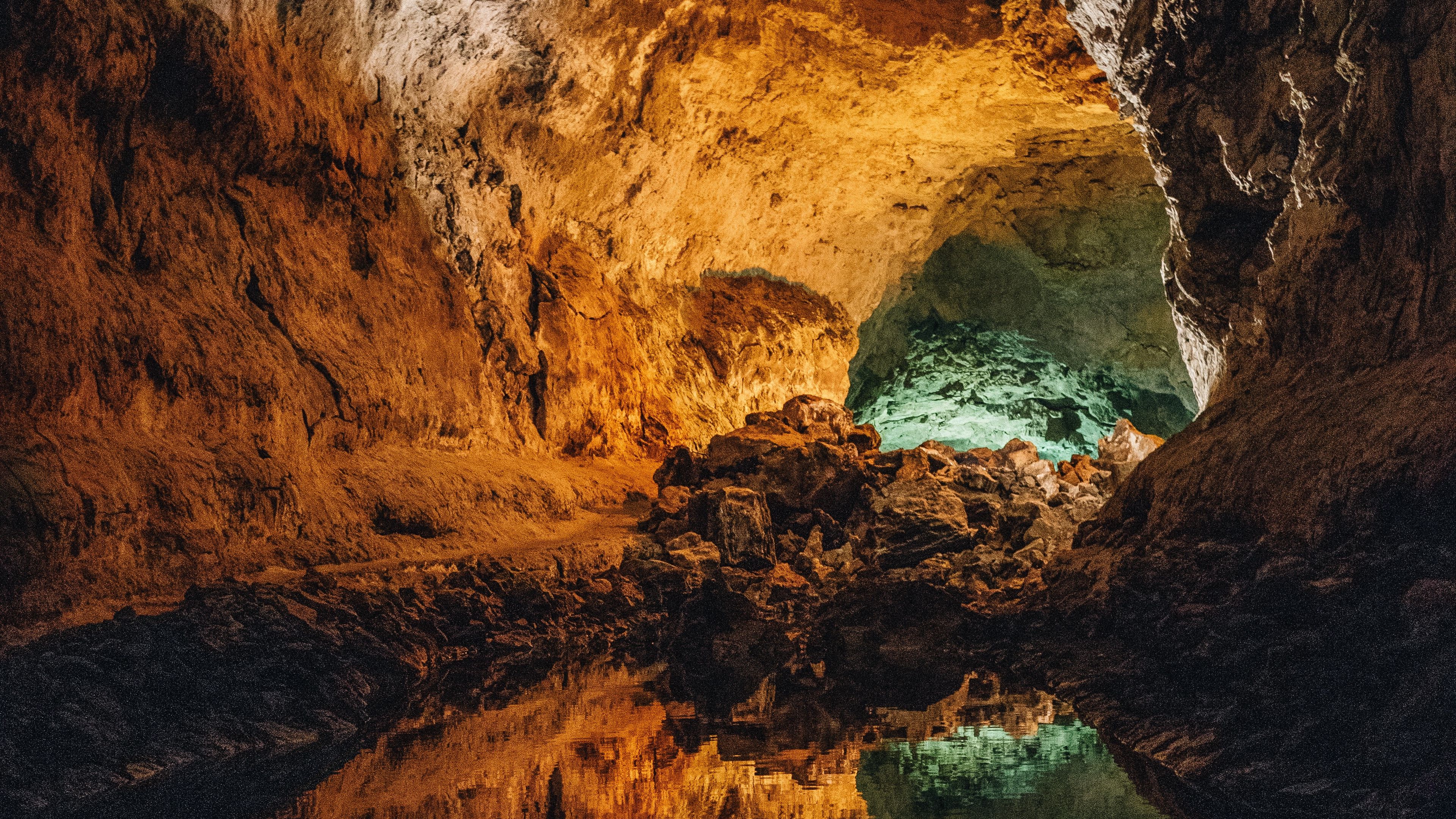 cave, water, reflection, stone, inside, volcanic, cueva de los verdes, canary islands, spain, 4k, HD Wallpaper