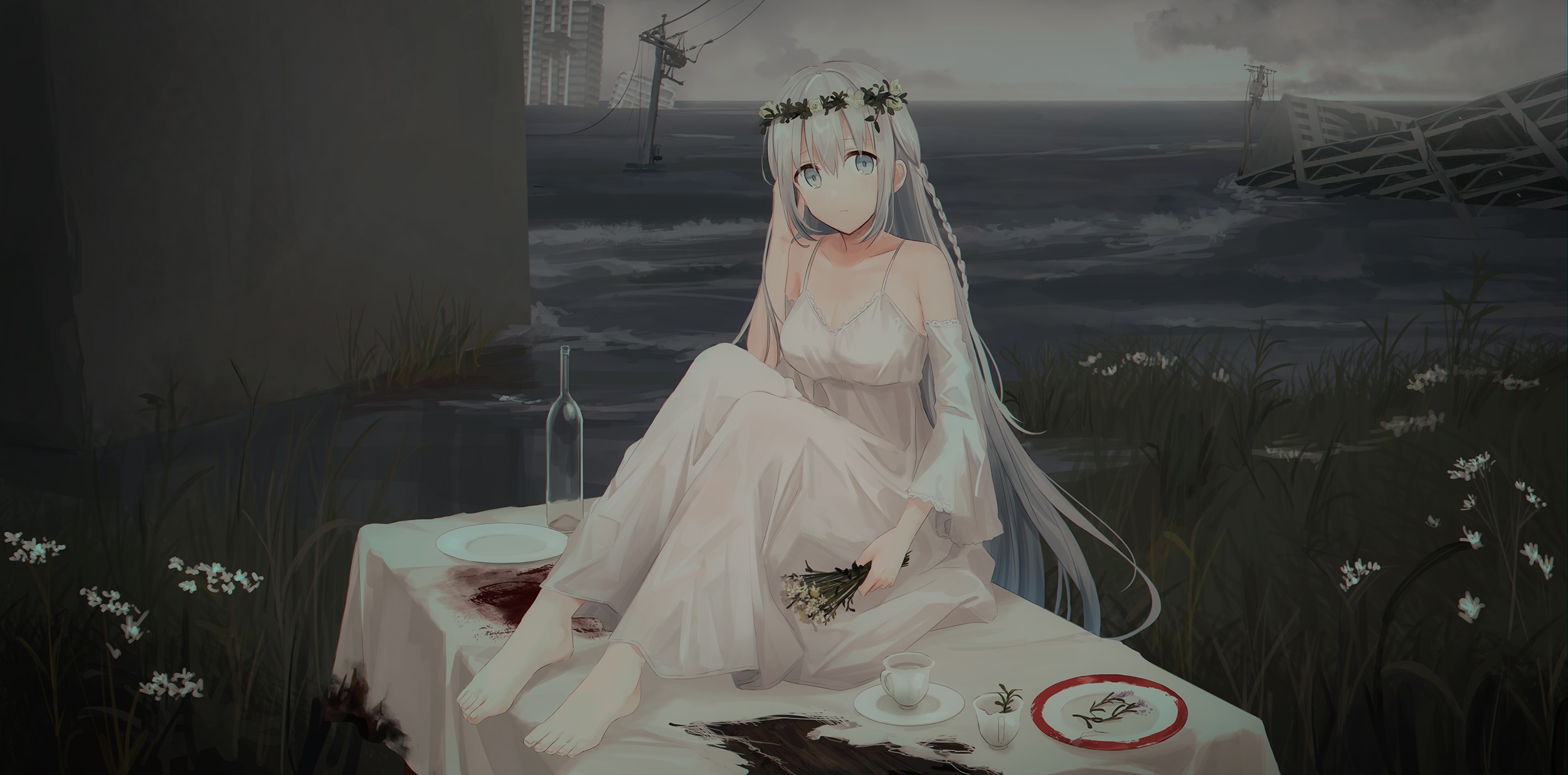 anime girls, original characters, flower crown, women, white hair, long hair, gray eyes, dress, white dress, table, sea, flowers, apocalyptic, environment, artwork, digital art, drawing, illustration, 2D, Chihuri 45, anime, HD Wallpaper