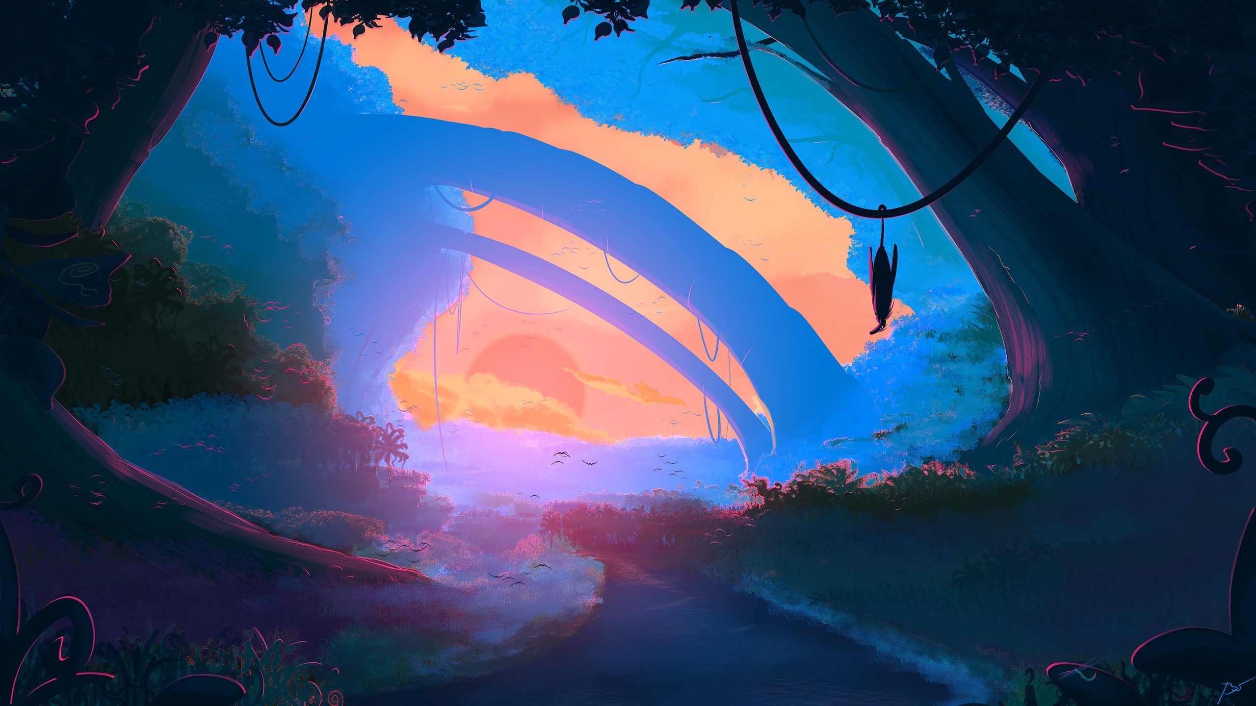nature, landscape, artwork, fantasy art, JoeyJazz, colorful, sky, trees, HD Wallpaper