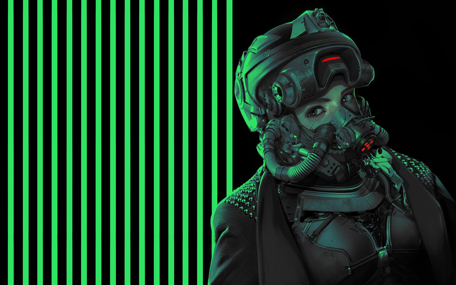 artwork, ArtStation, women, mask, futuristic, digital art, green, HD Wallpaper