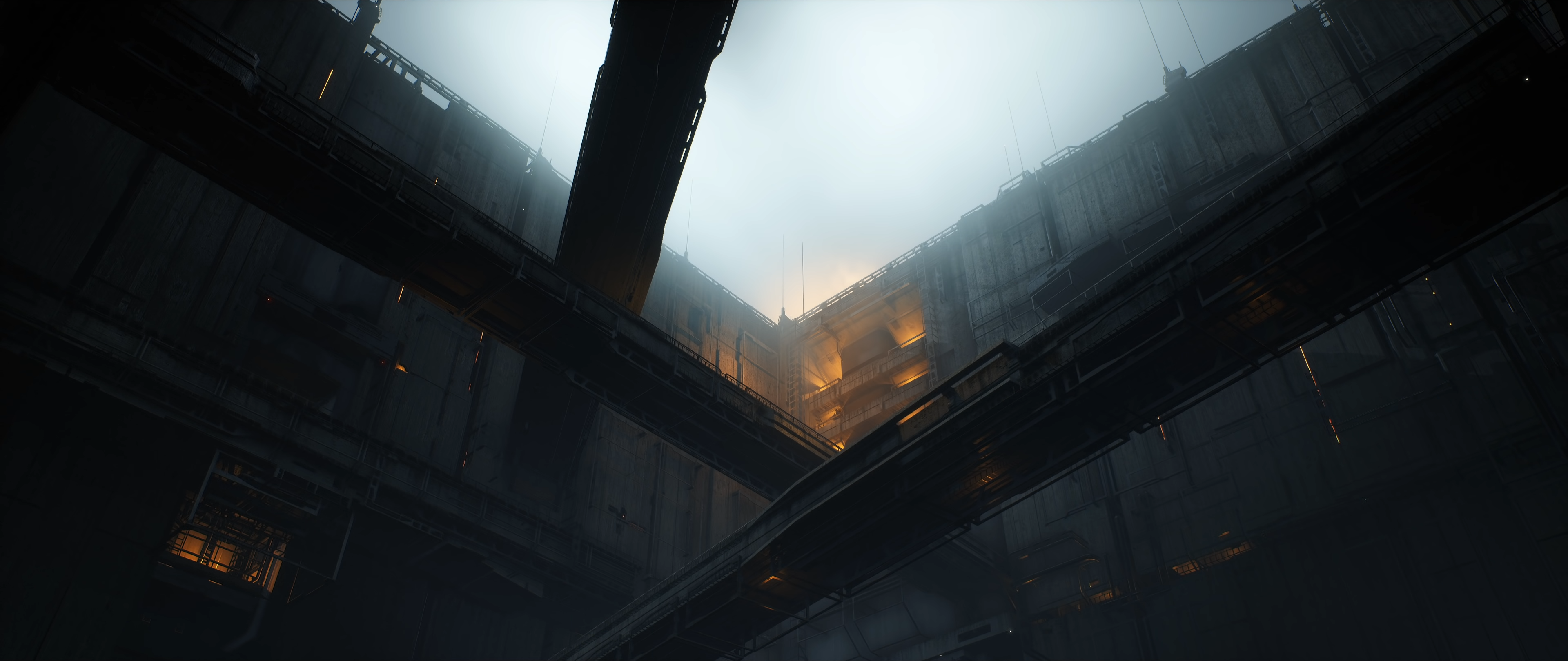 digital art, building, clouds, mist, interior, lights, HD Wallpaper