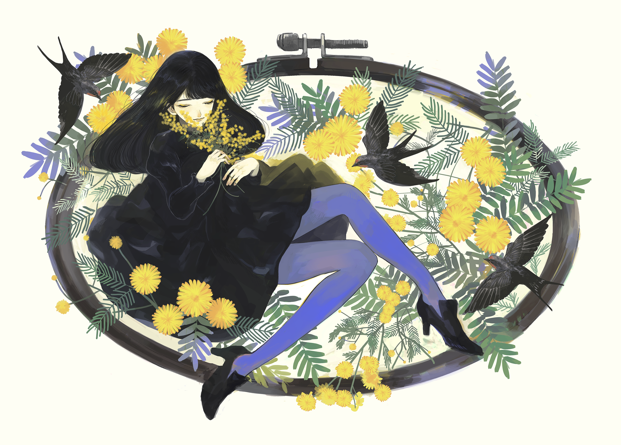 anime, anime girls, original characters, flowers, black hair, mimosa, HD Wallpaper