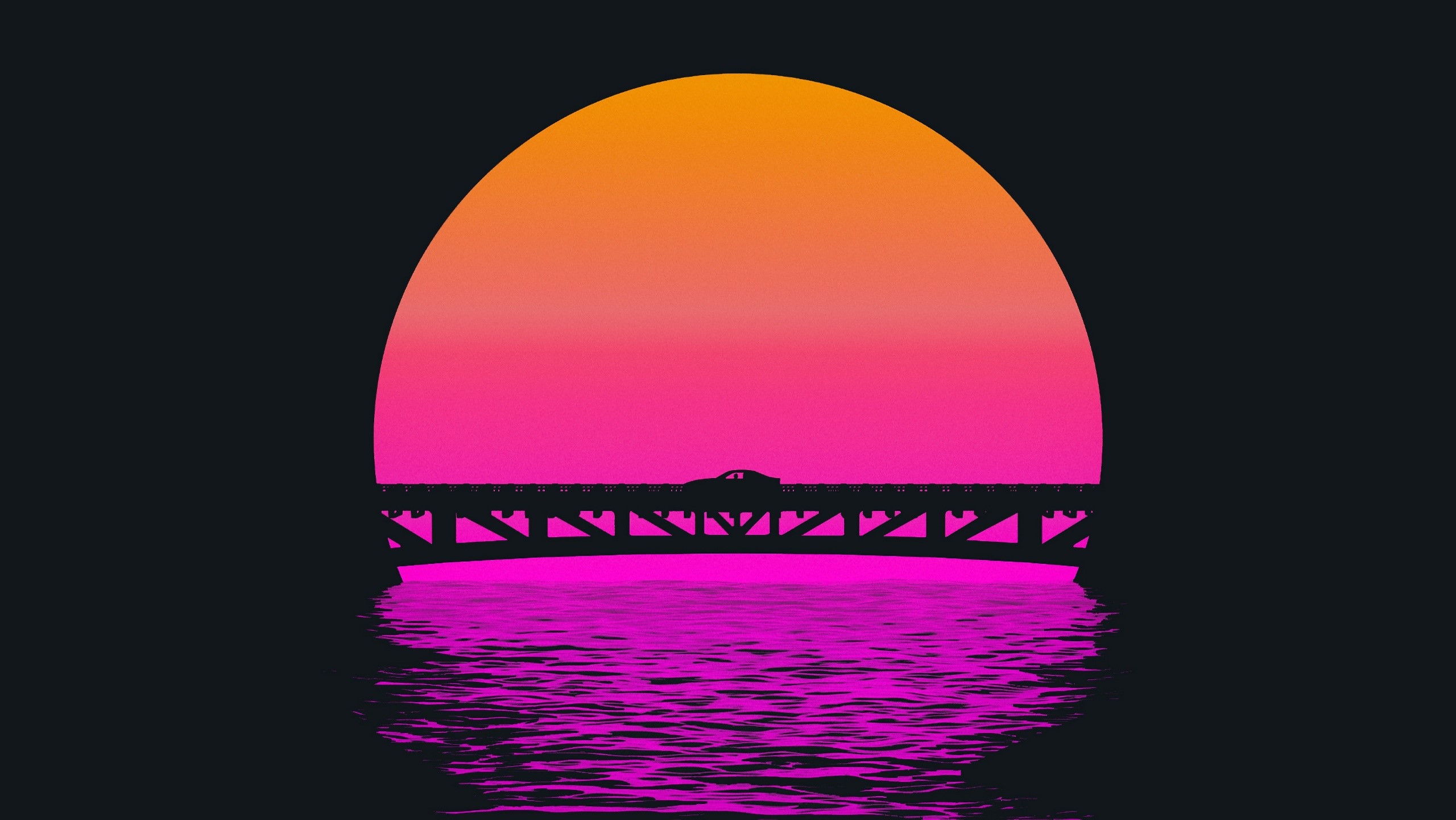 artwork, digital art, bridge, Sun, water, car, synthwave, HD Wallpaper