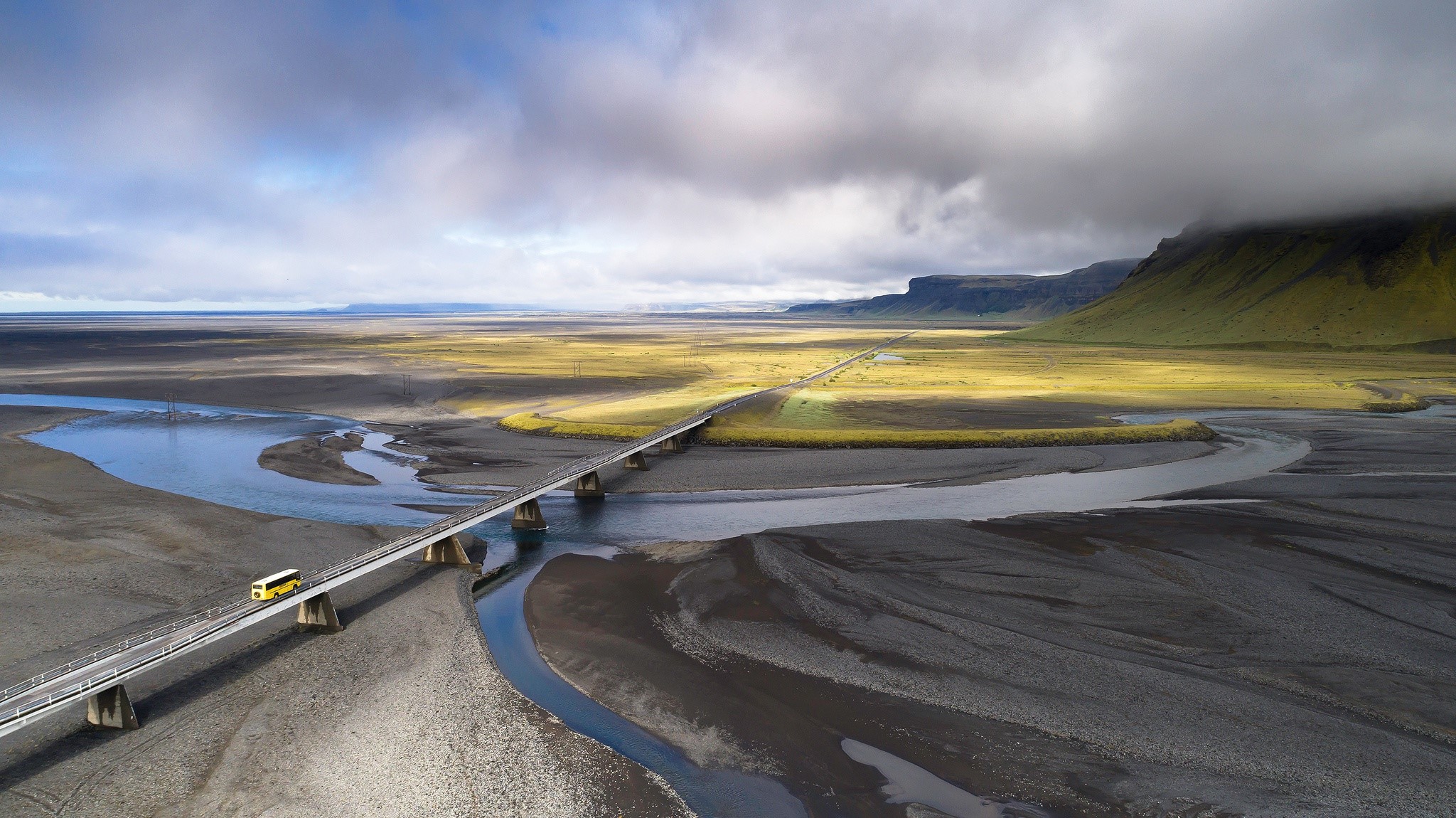 road, landscape, clouds, sky, buses, aerial view, HD Wallpaper