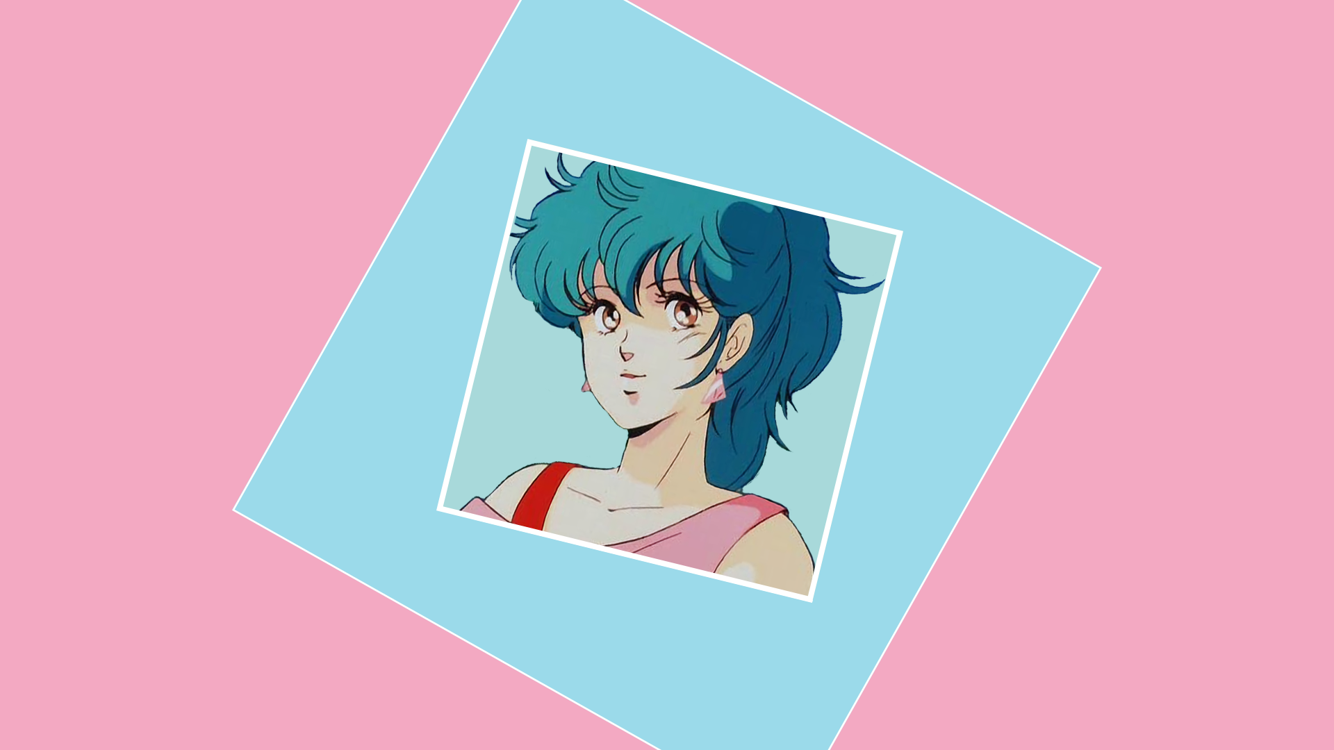 anime girls, anime, blue hair, pink background, HD Wallpaper