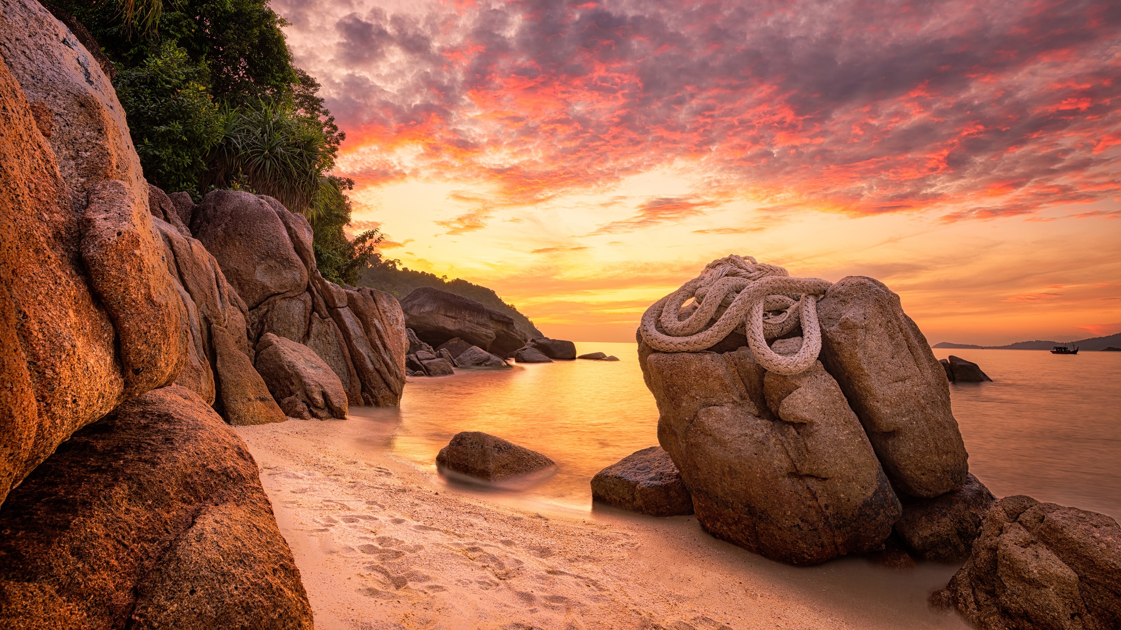 nature, beach, sky, clouds, ropes, sea, HD Wallpaper