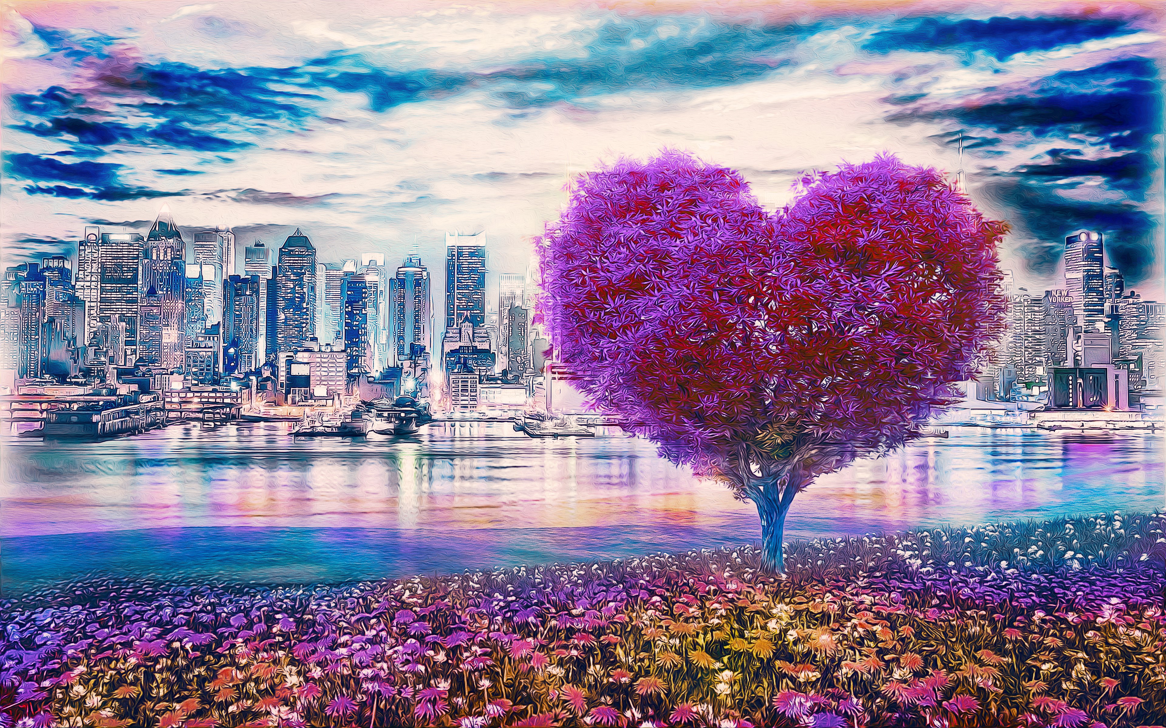 tree bark, Heart (Design), digital art, cityscape, city, HD Wallpaper