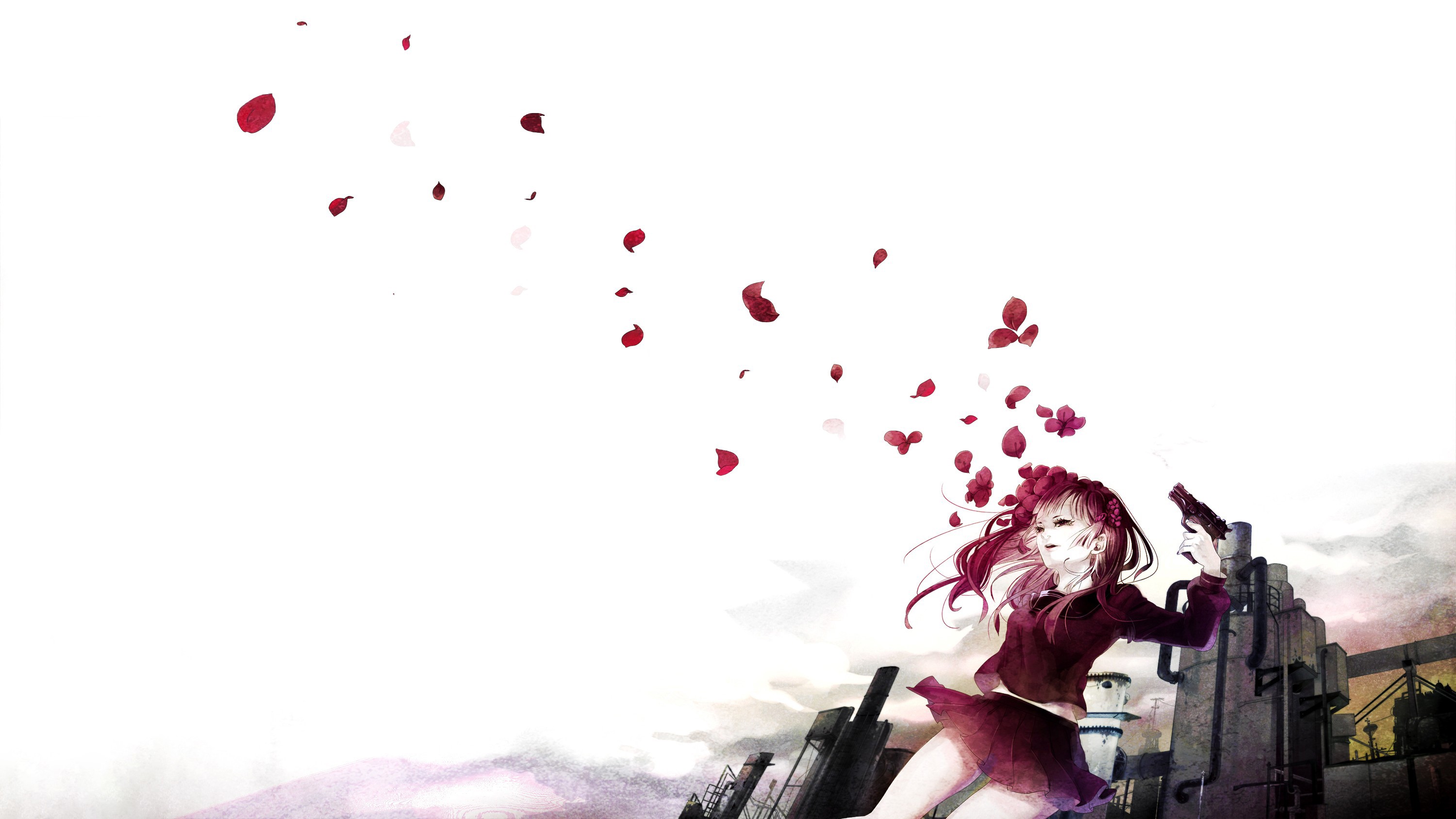 anime girls, simple background, original characters, long hair, skirt, weapon, pistol, redhead, factory, sky, school uniform, anime, HD Wallpaper