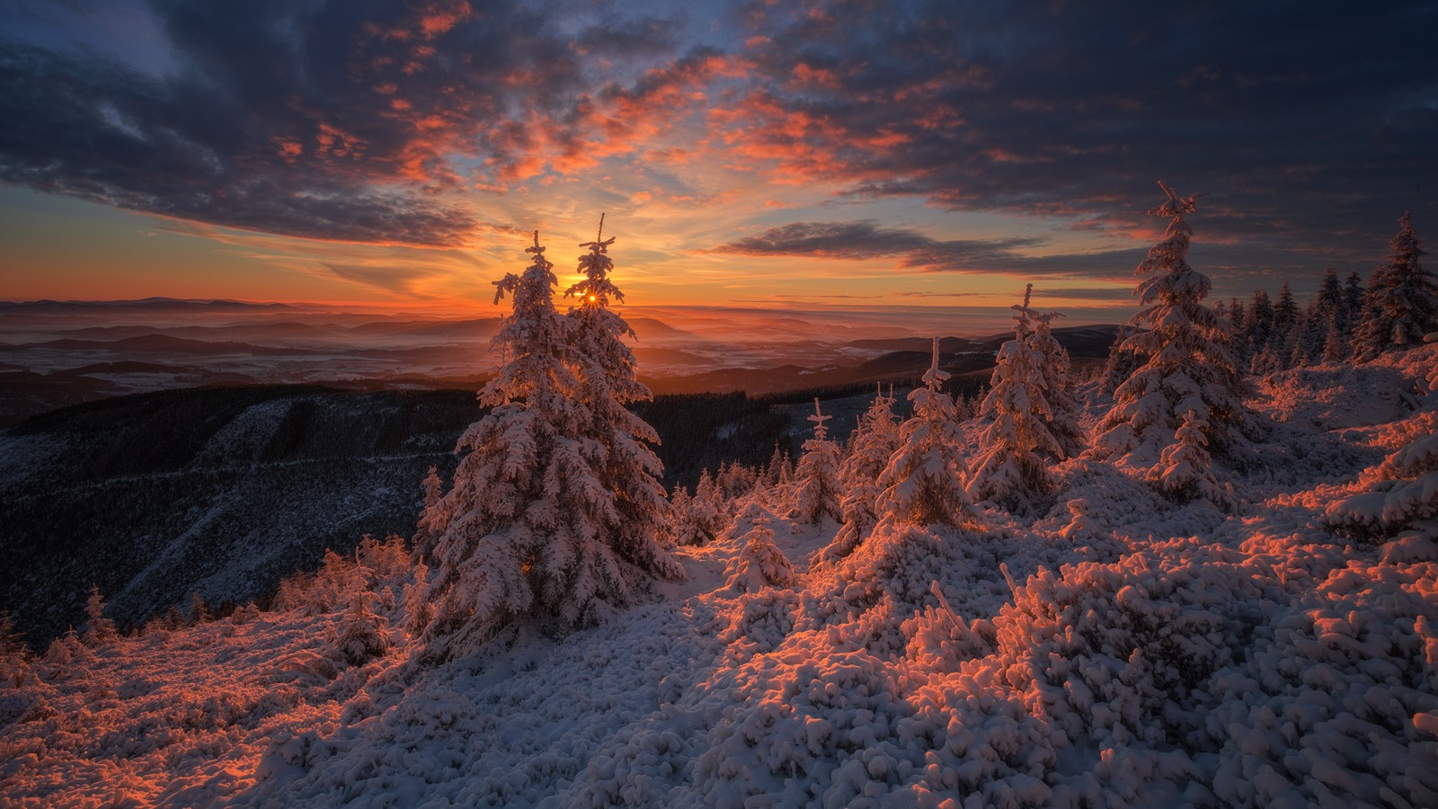 nature, sunset, Sun, sunlight, landscape, snow, clouds, winter, HD Wallpaper