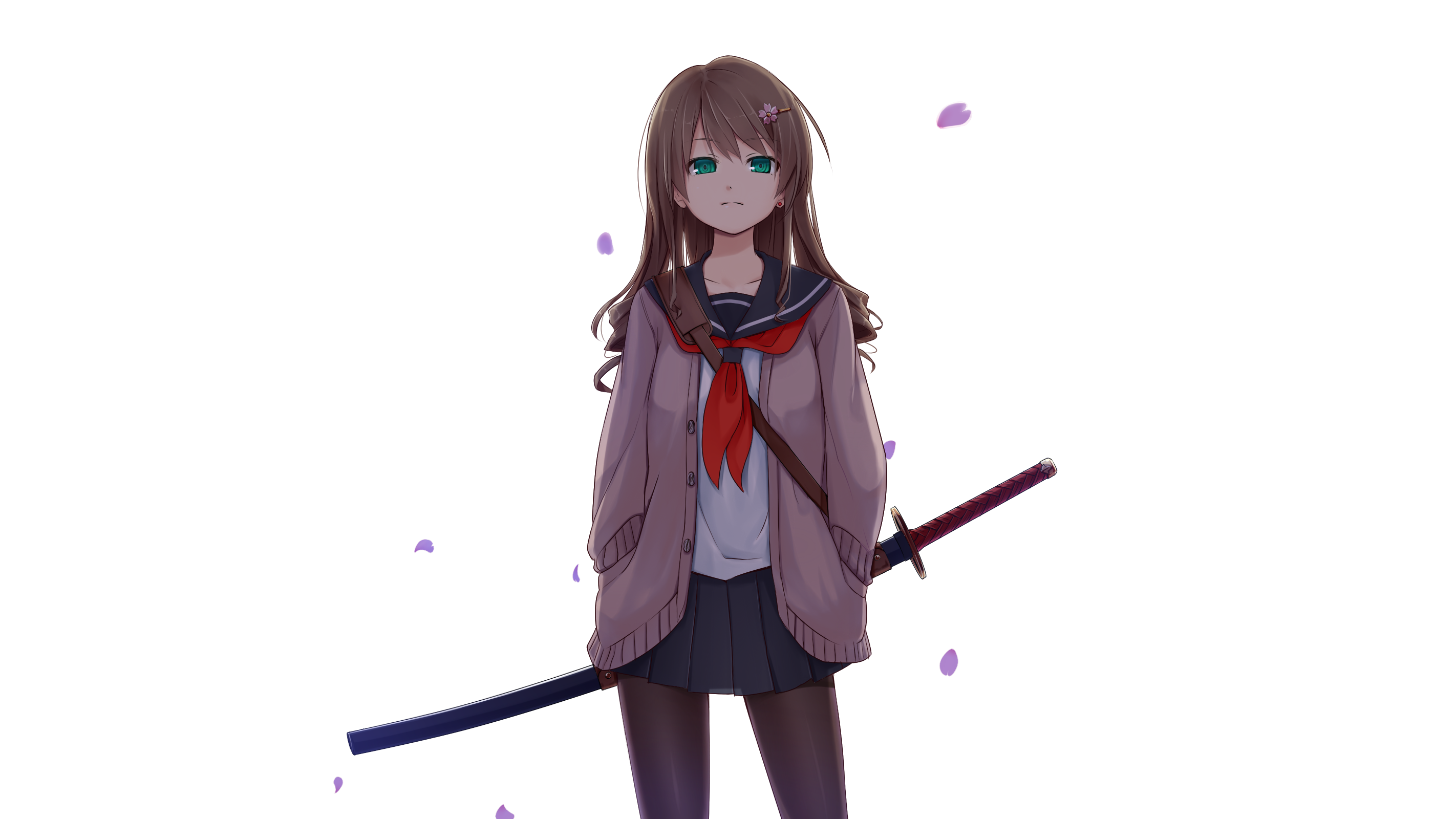 anime girls, simple background, original characters, pantyhose, jacket, shirt, weapon, sword, katana, long hair, skirt, brunette, green eyes, school uniform, tie, leaves, red tie, HD Wallpaper