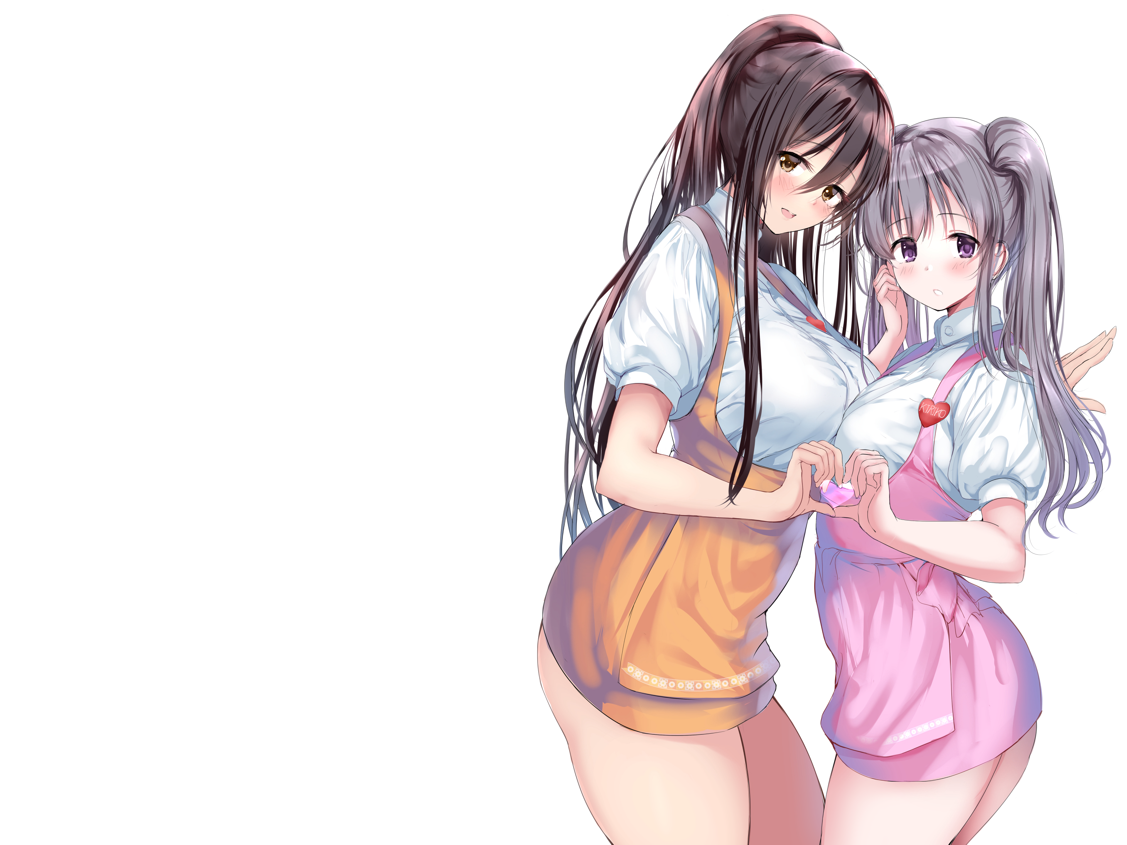 simple background, blushing, heart hands, big boobs, white background, anime girls, anime, long hair, HD Wallpaper