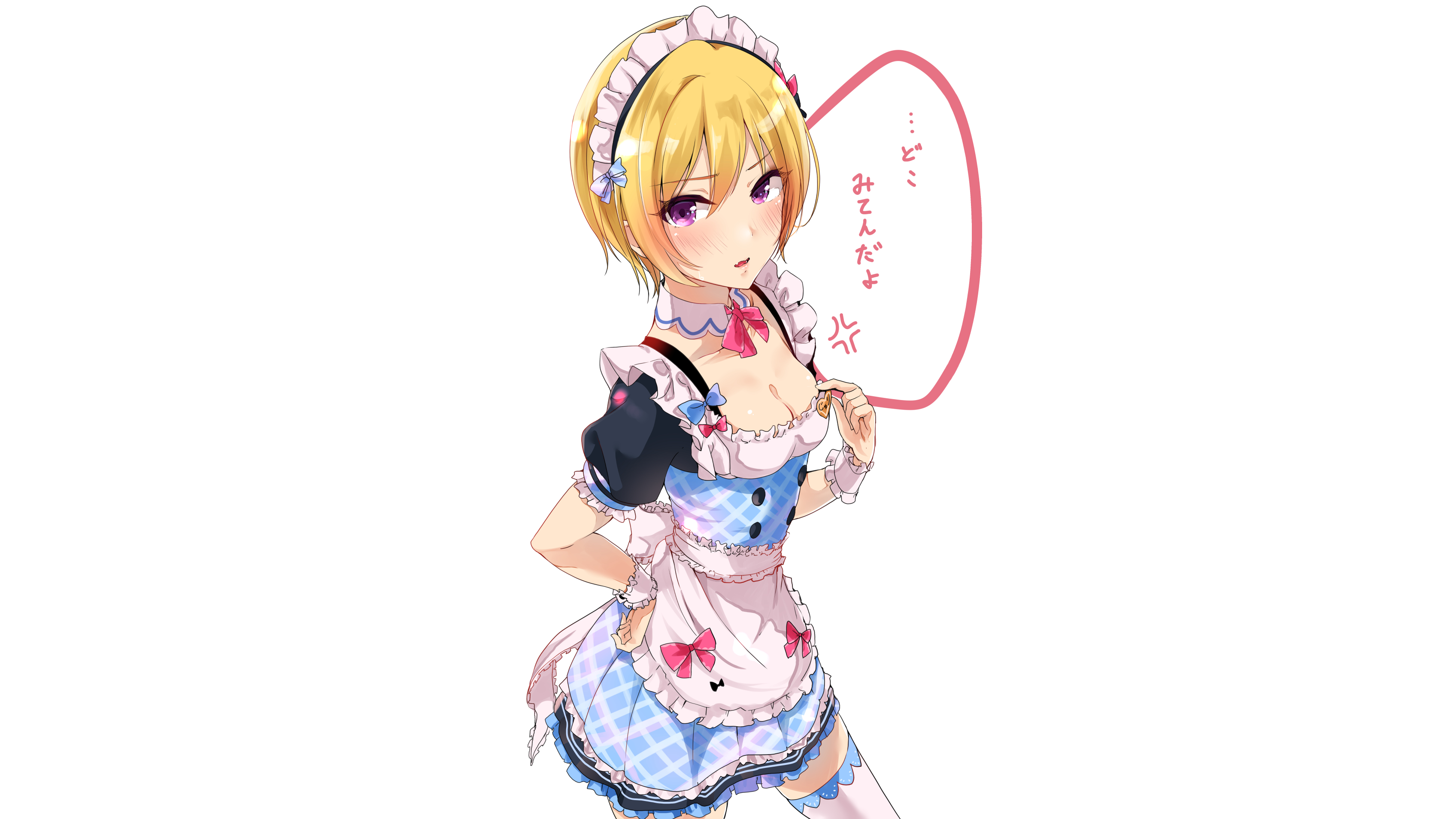 Juri Saijou, THE, THE, anime girls, anime, women, blonde, short hair, hair ornament, looking at viewer, purple eyes, blushing, maid, cleavage, dress, apron, thigh-highs, white background, simple background, artwork, drawing, digital art, 2D, illustration, minimalism, Murabito Toufuten, fan art, HD Wallpaper