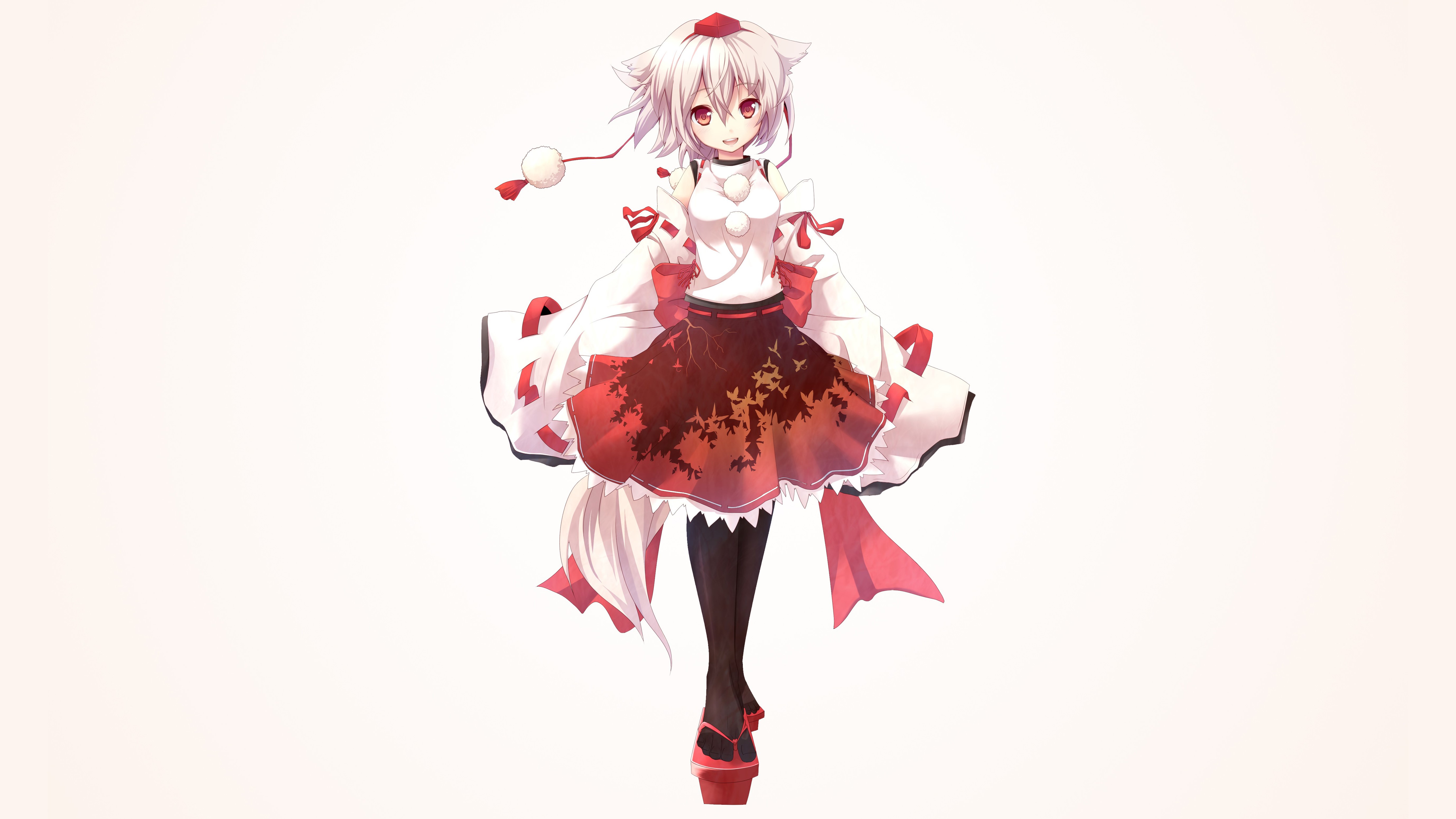 Touhou, Inubashiri Momiji, anime girls, simple background, Japanese clothes, traditional clothing, hat, inumimi, tail, animal ears, red eyes, white hair, short hair, HD Wallpaper