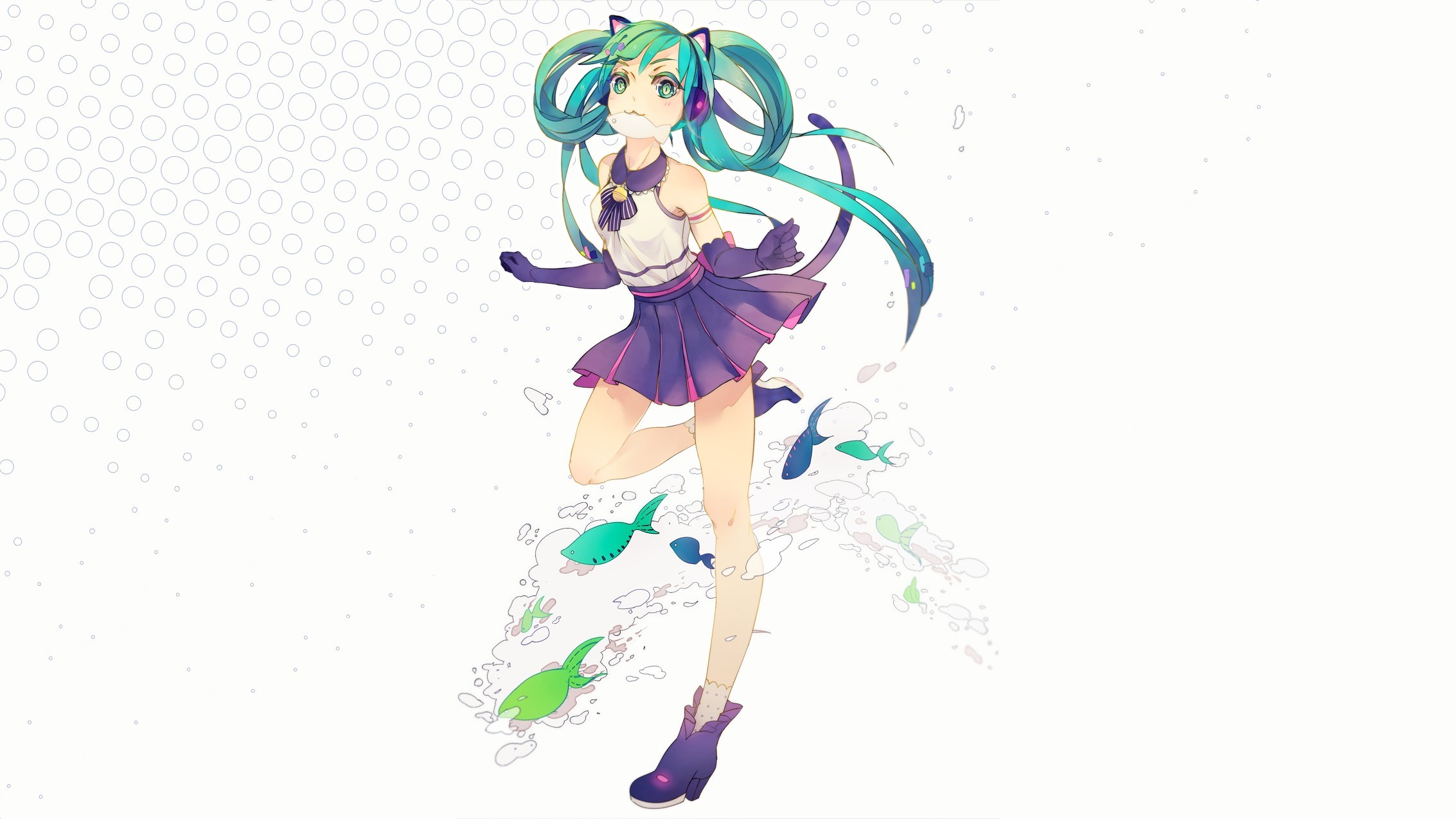 Hatsune Miku, anime girls, simple background, green hair, long hair, twintails, shirt, skirt, Vocaloid, fish, tail, nekomimi, animal ears, elbow gloves, headphones, HD Wallpaper