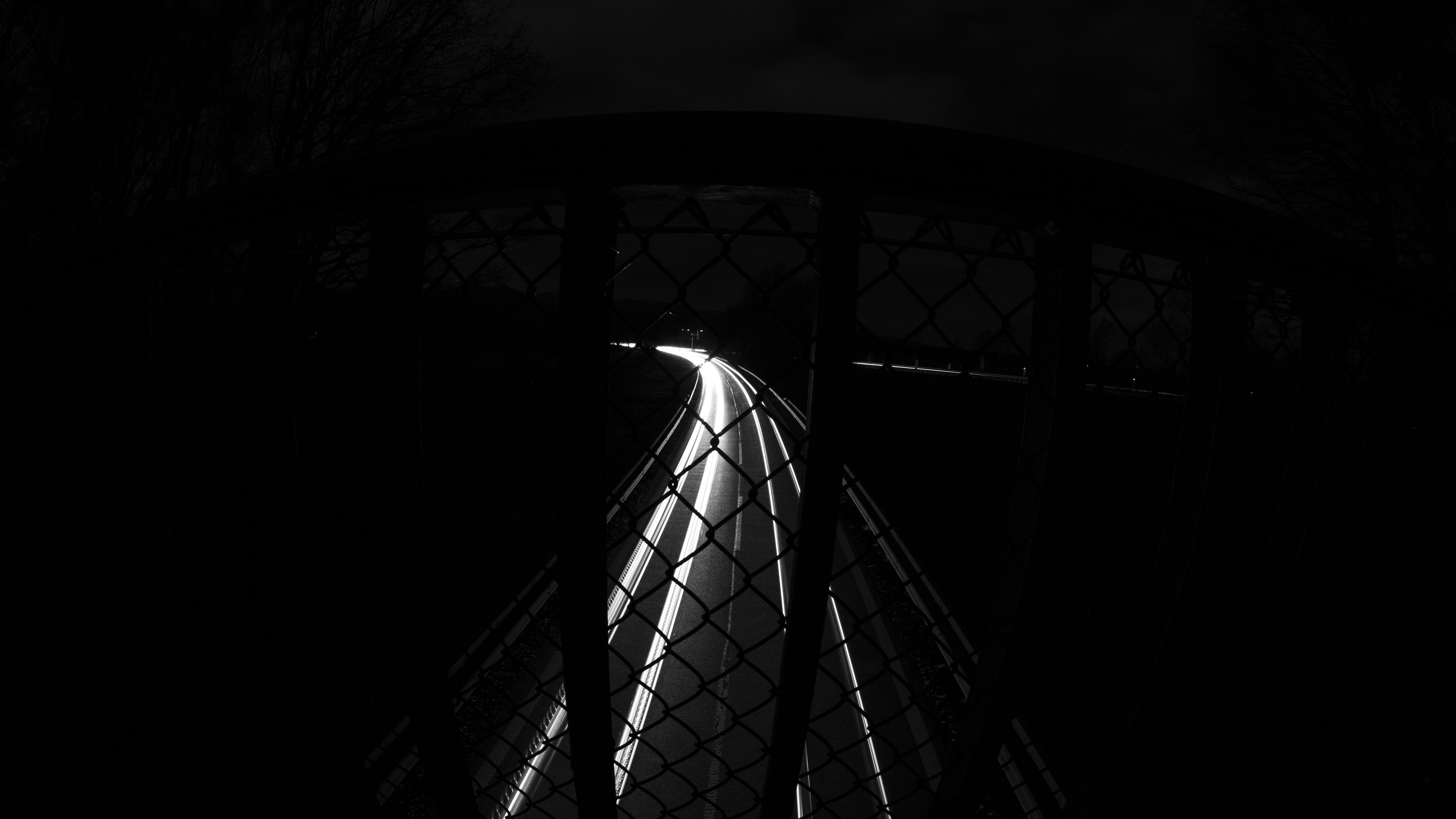 nature, night, lights, street, long exposure, road, dark, monochrome, fence, HD Wallpaper