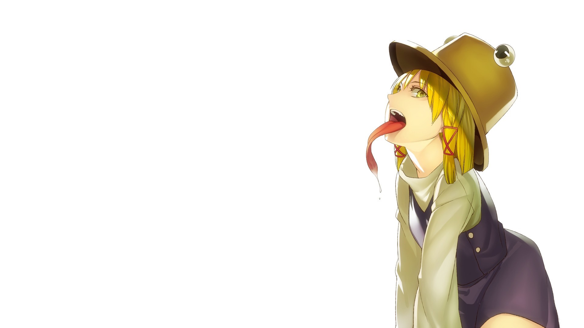 Touhou, anime girls, Kochiya Sanae, hat, simple background, dress, short hair, blonde, tongue out, yellow eyes, HD Wallpaper