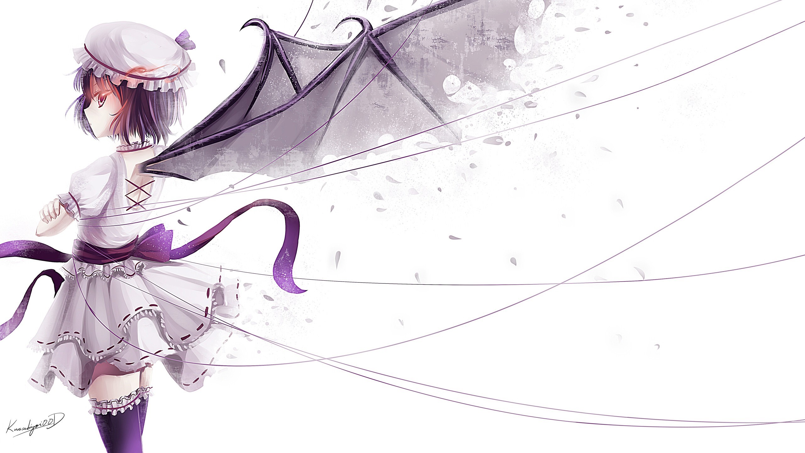 Touhou, anime girls, Remilia Scarlet, wings, hat, simple background, dress, short hair, purple hair, red eyes, thigh-highs, vampires, HD Wallpaper