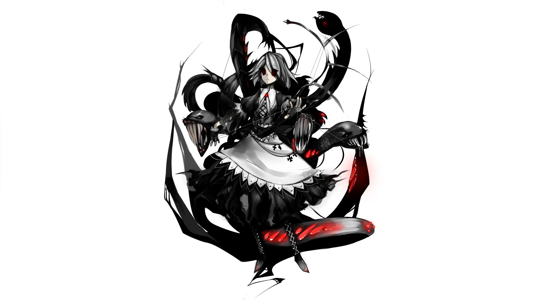 Touhou, anime girls, Alice Margatroid, crossover, The Darkness 2, simple background, dress, short hair, red eyes, gray hair, HD Wallpaper