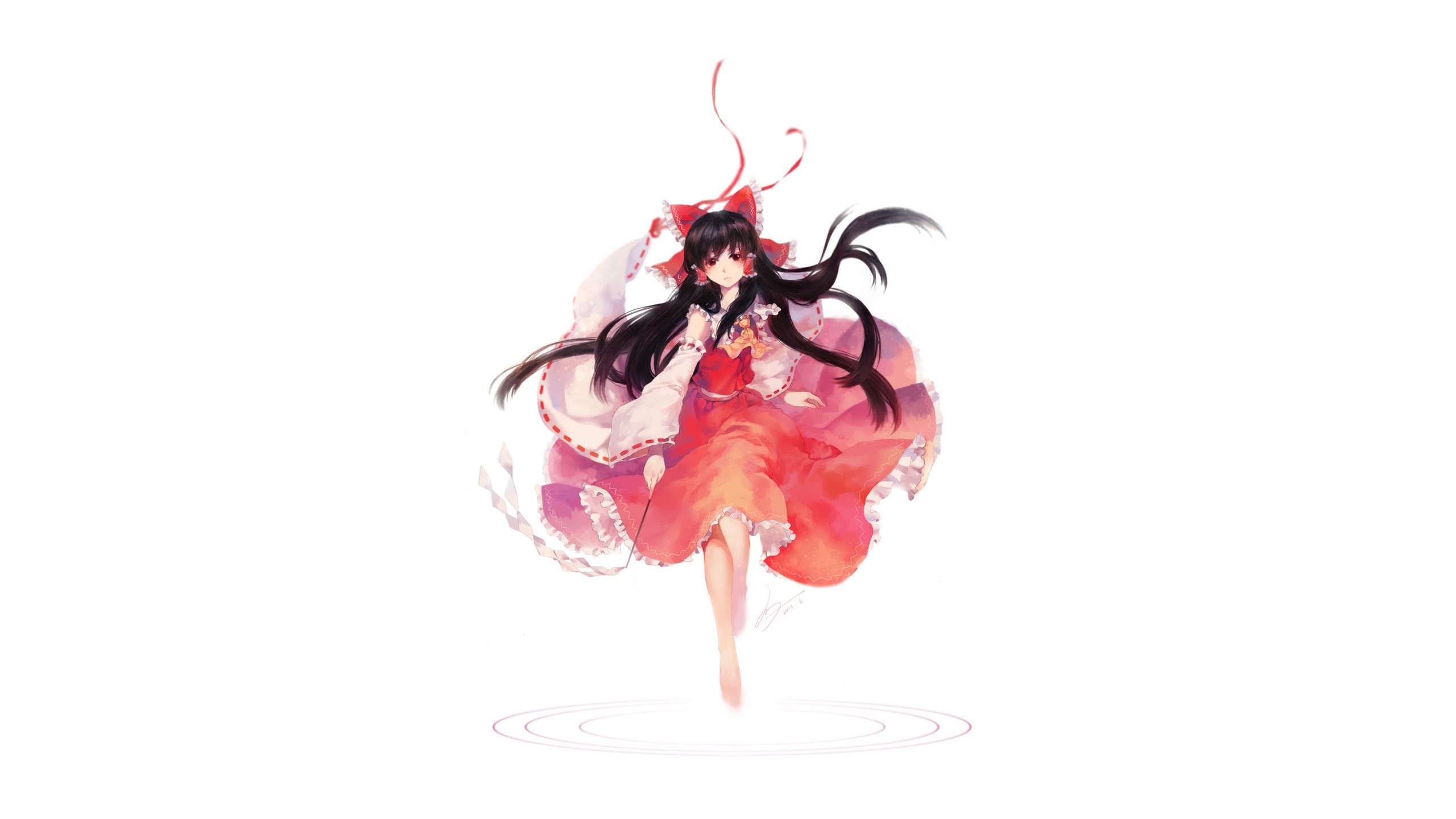 Touhou, anime girls, simple background, Hakurei Reimu, brunette, long hair, hair bows, brown eyes, miko, Japanese clothes, traditional clothing, HD Wallpaper