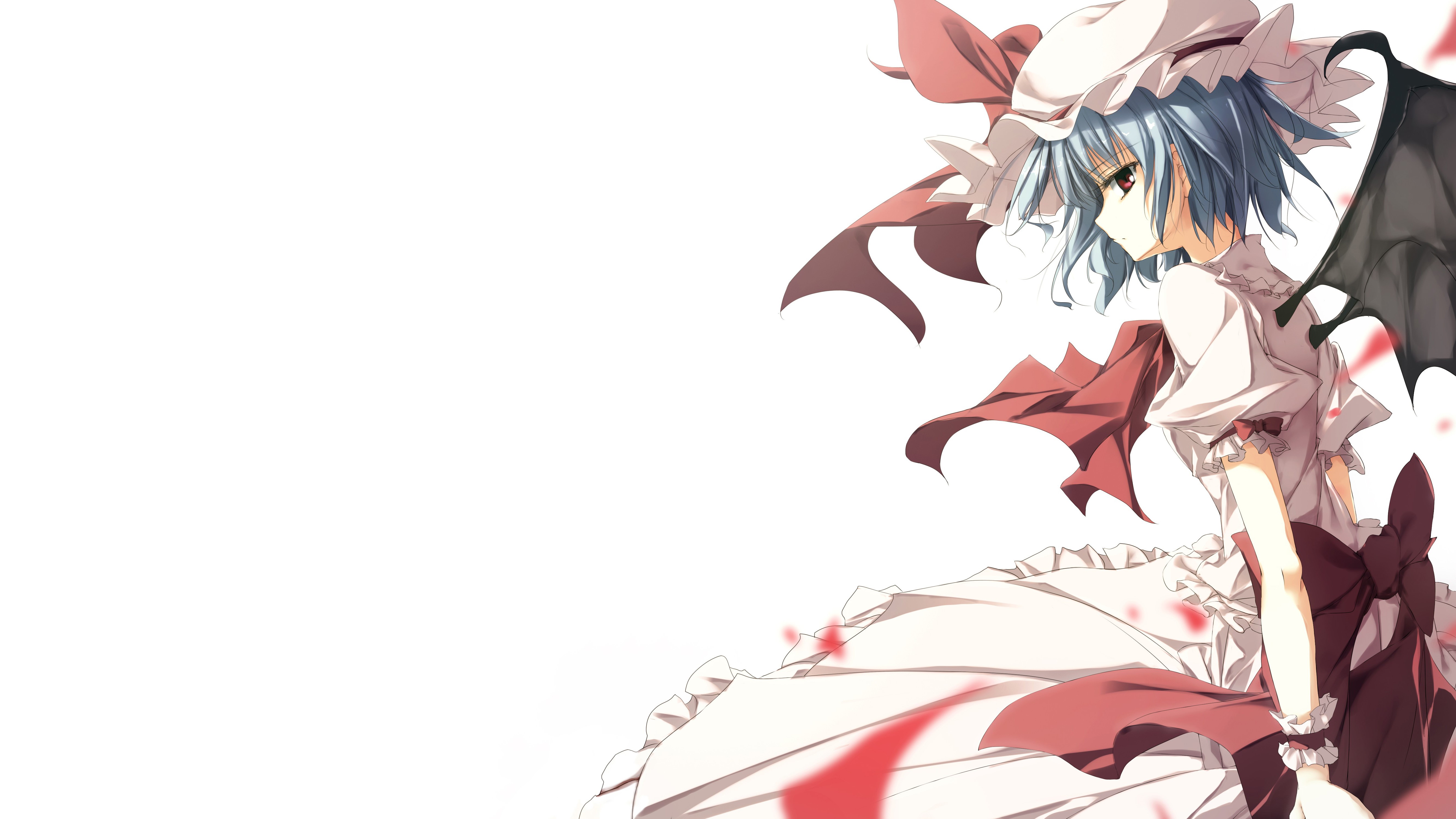 Touhou, anime girls, Remilia Scarlet, wings, hat, simple background, dress, short hair, blue hair, red eyes, vampires, HD Wallpaper