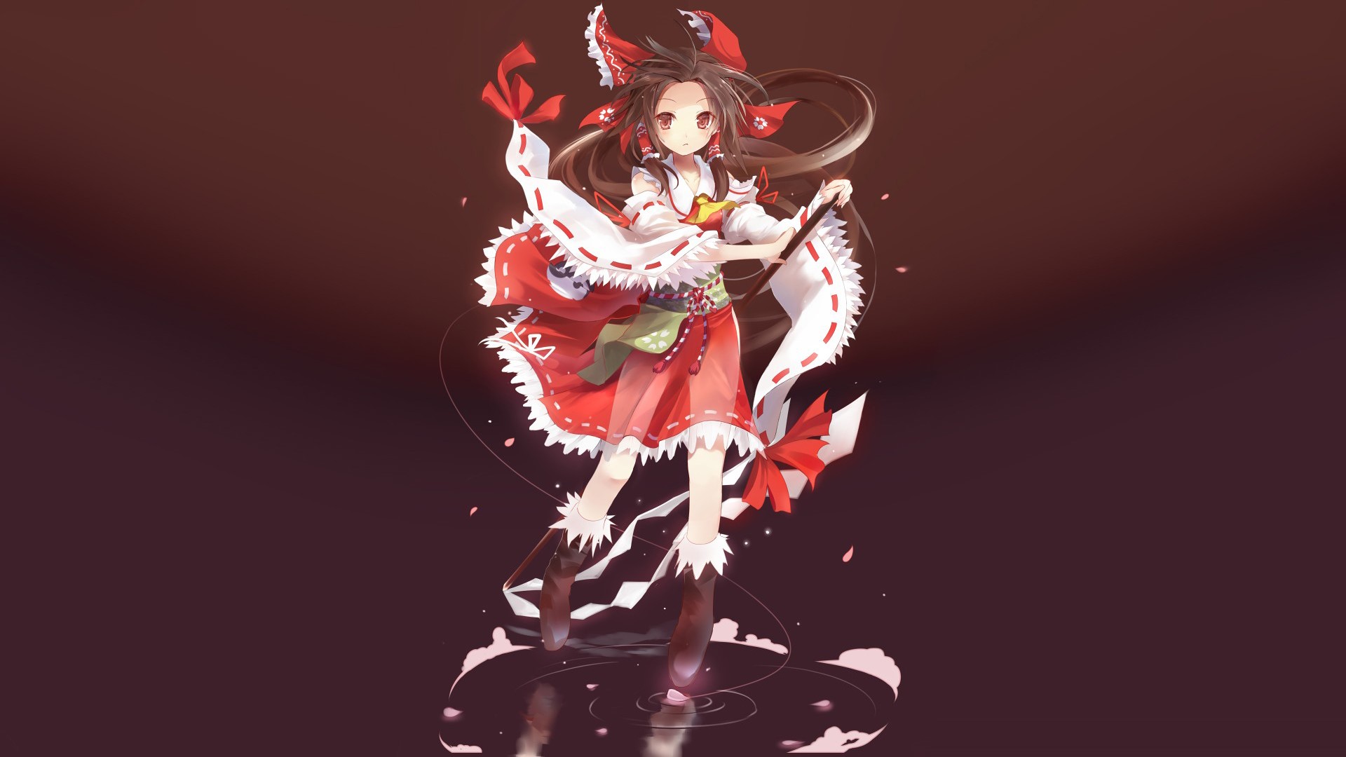 Touhou, anime girls, simple background, Hakurei Reimu, brunette, long hair, hair bows, miko, Japanese clothes, traditional clothing, boots, HD Wallpaper