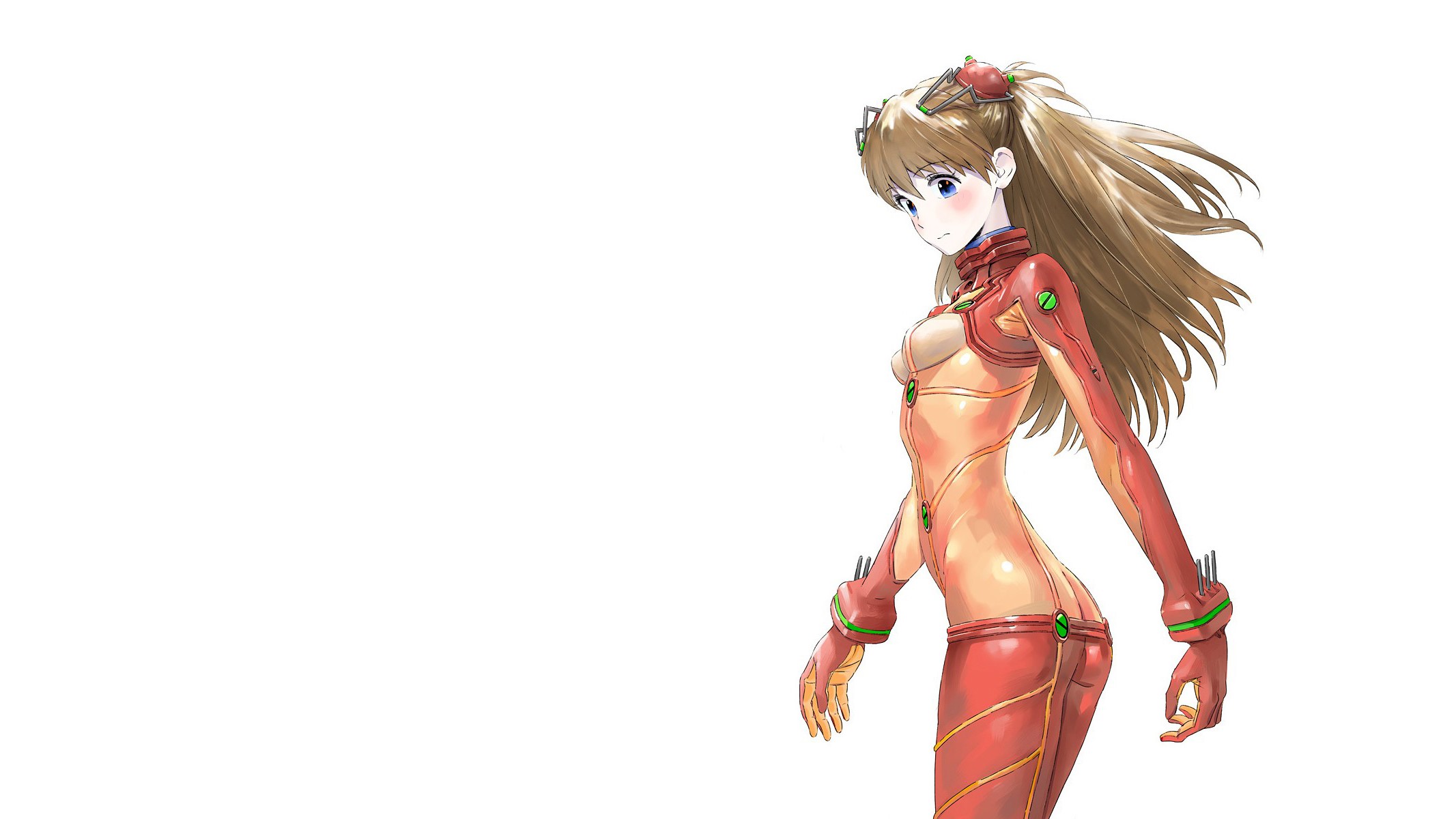 Neon Genesis Evangelion, anime, anime girls, simple background, Asuka Langley Soryu, brunette, long hair, bodysuit, blue eyes, HD Wallpaper