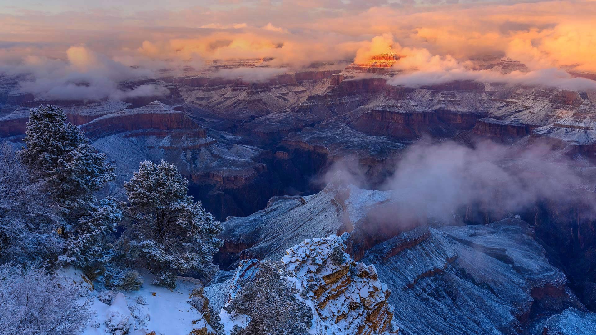 Arizona, nature, landscape, USA, winter, rock, snow, canyon, clouds, HD Wallpaper