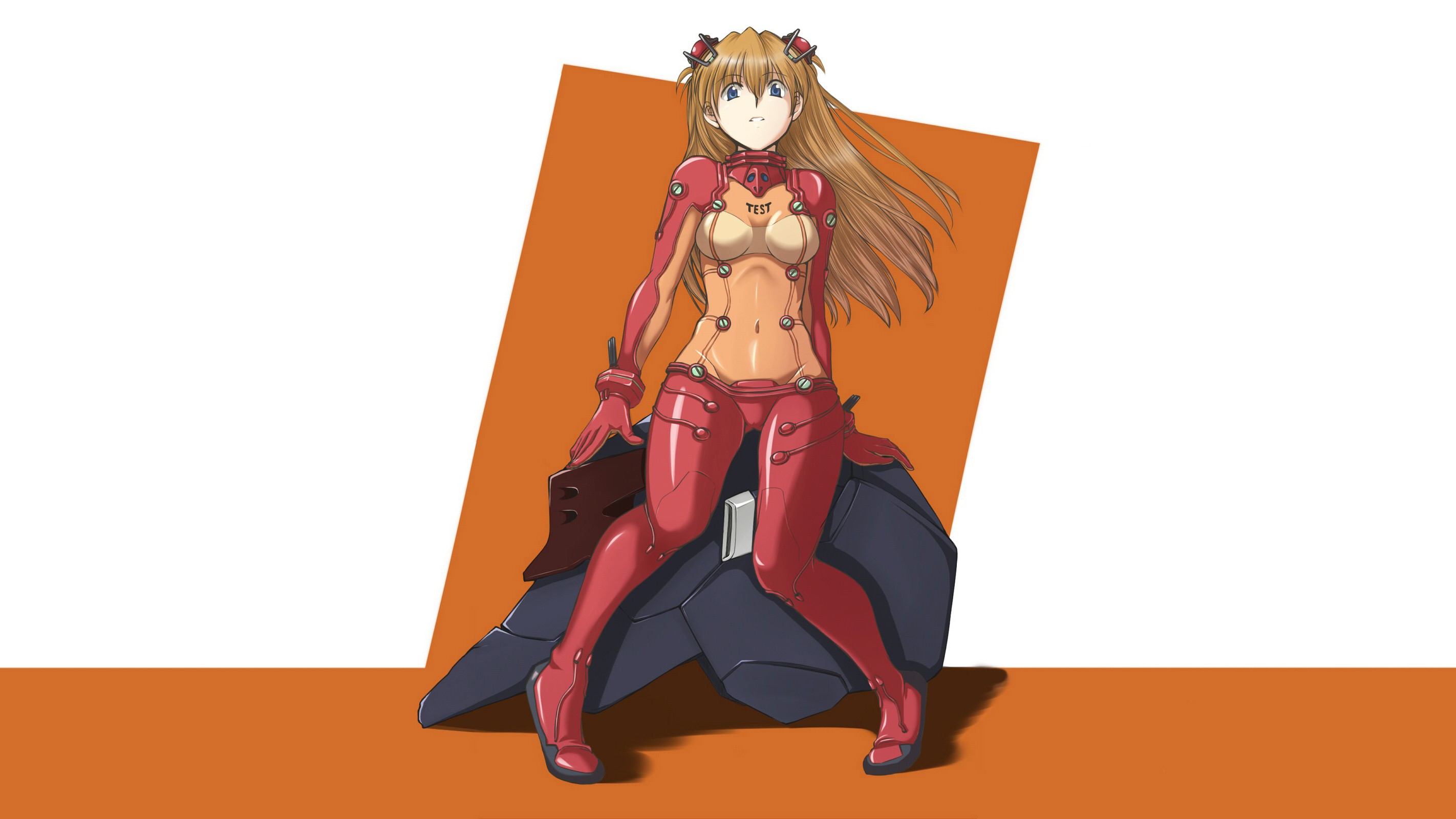 Neon Genesis Evangelion, anime, anime girls, simple background, Asuka Langley Soryu, brunette, long hair, bodysuit, sitting, blue eyes, mecha girls, frontal view, HD Wallpaper