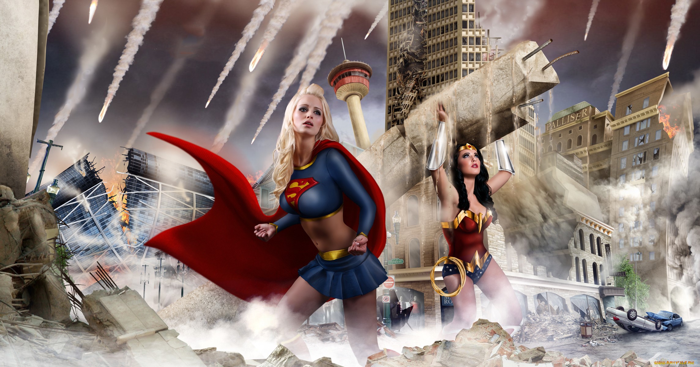 superheroines, women, digital art, artwork, fantasy girl, Supergirl, Wonder Woman, HD Wallpaper