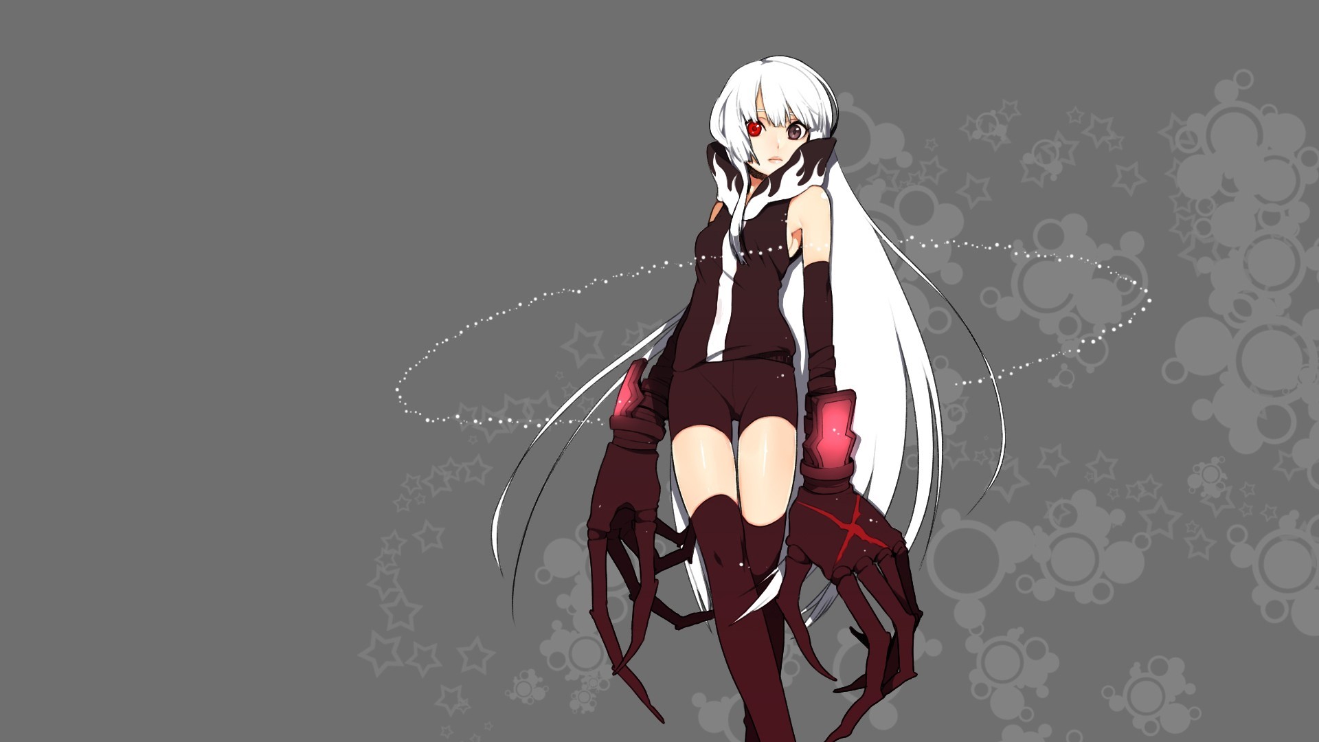 Black Rock Shooter (series), Strength (Black Rock Shooter), anime girls, simple background, anime, white hair, long hair, heterochromia, thigh-highs, HD Wallpaper