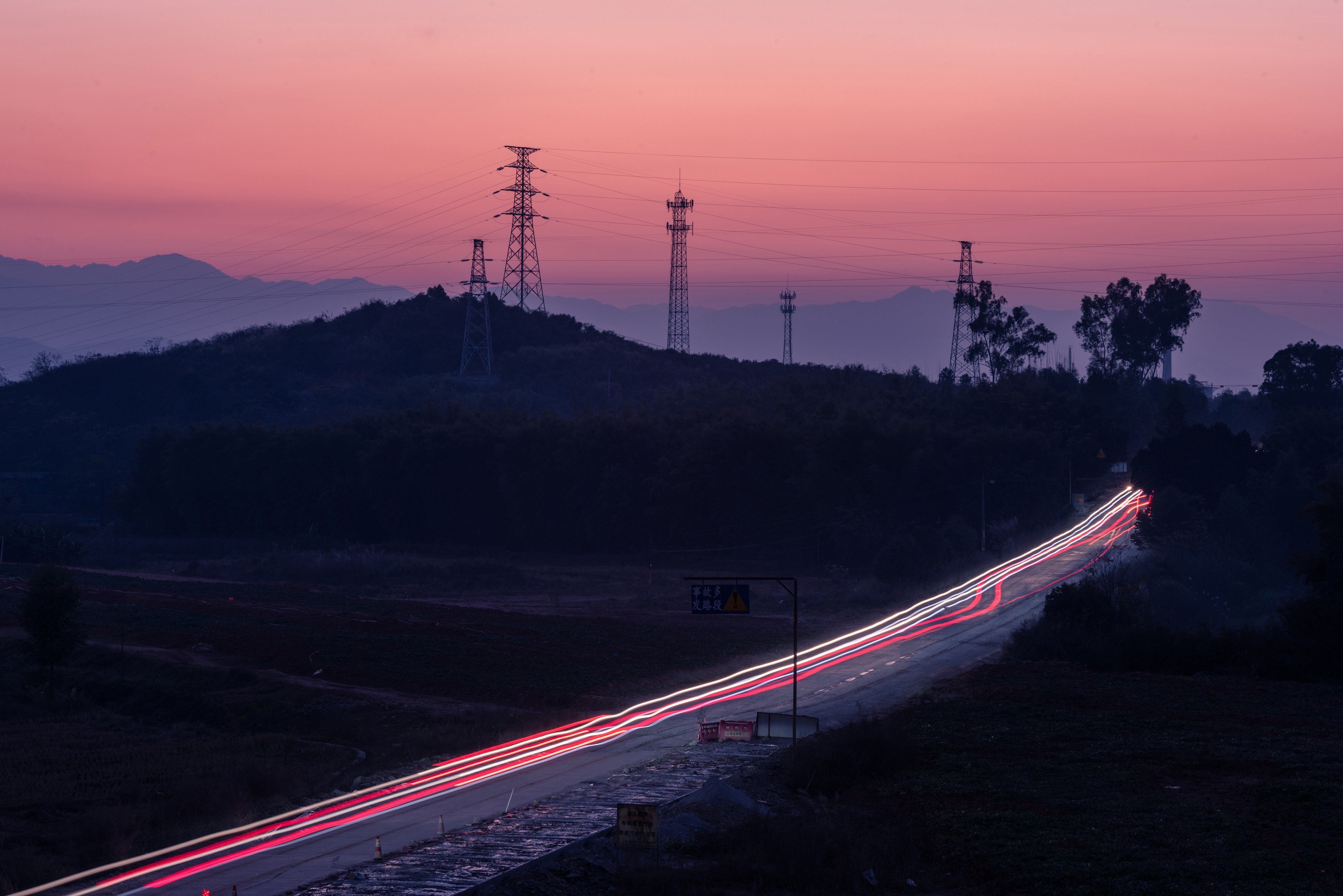 road, lights, car, mountains, power lines, HD Wallpaper