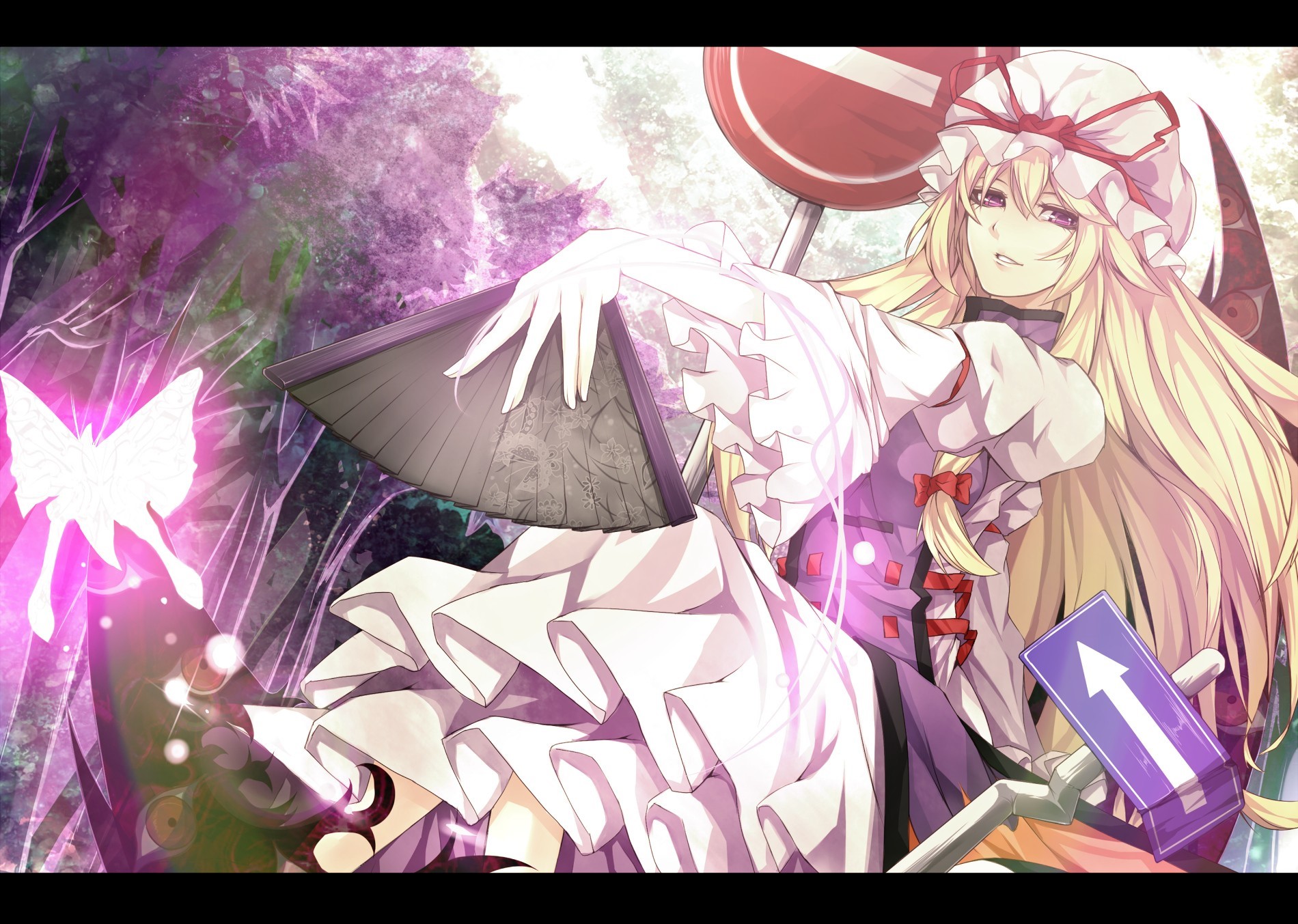 anime girls, Touhou, dress, hat, nature, Yakumo Yukari, fans, long hair, sign, blonde, purple eyes, butterflies, red eyes, eyes, trees, HD Wallpaper