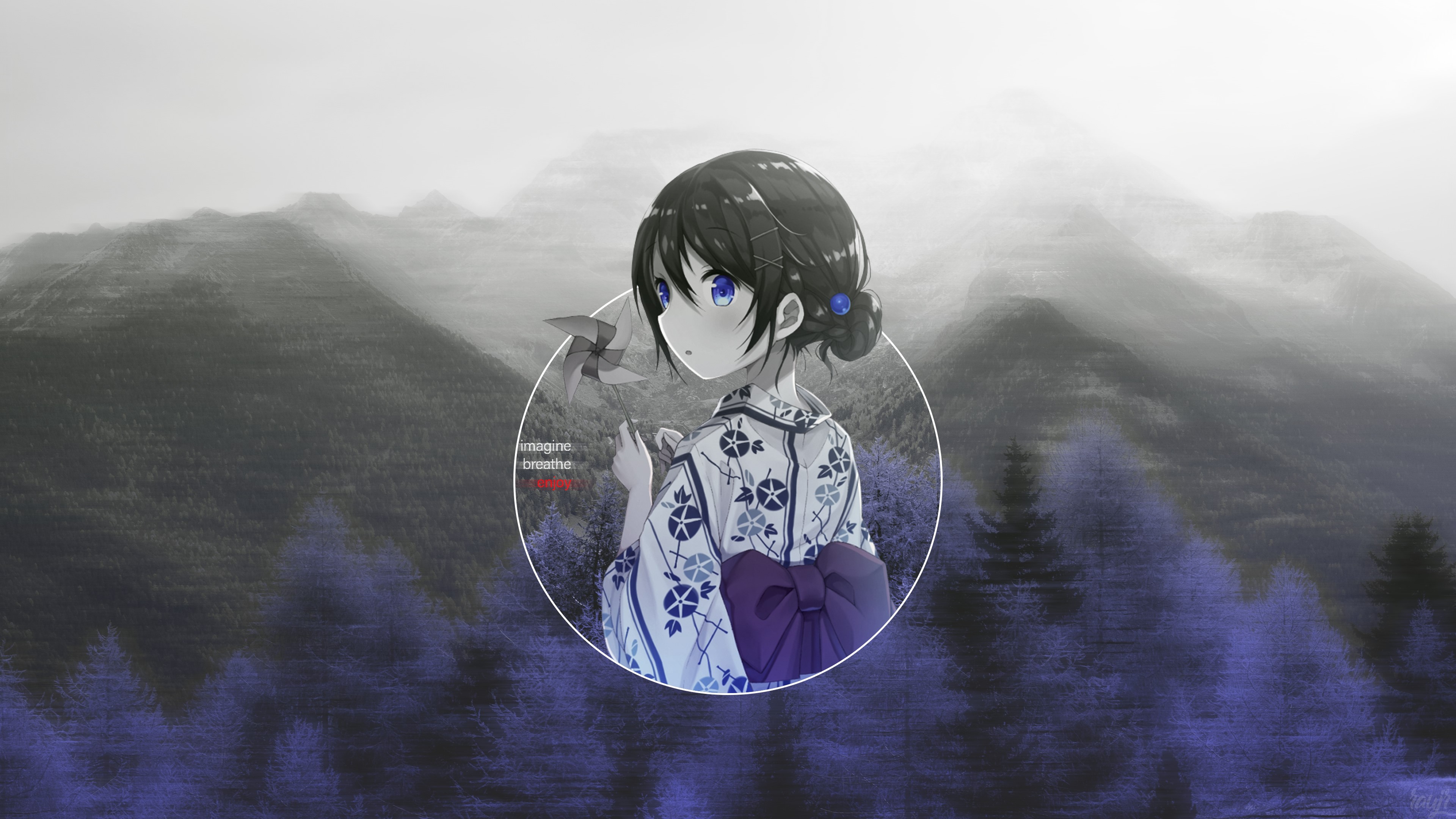 anime, anime girls, picture, fan art, picture-in-picture, purple background, blue eyes, dark hair, HD Wallpaper