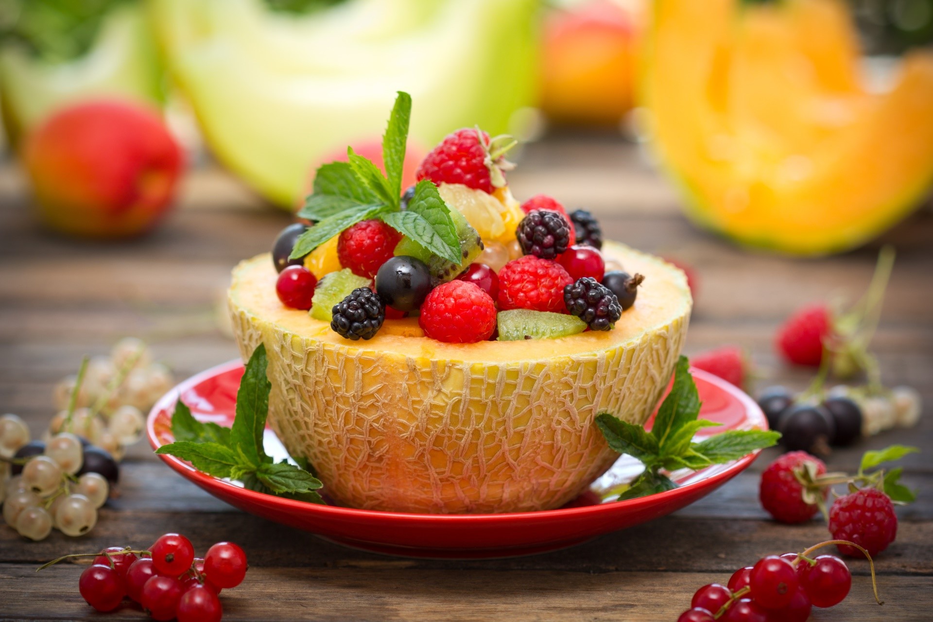 food, fruit, berries, melons, blackberries, raspberries, blueberries, mint leaves, wooden surface, HD Wallpaper