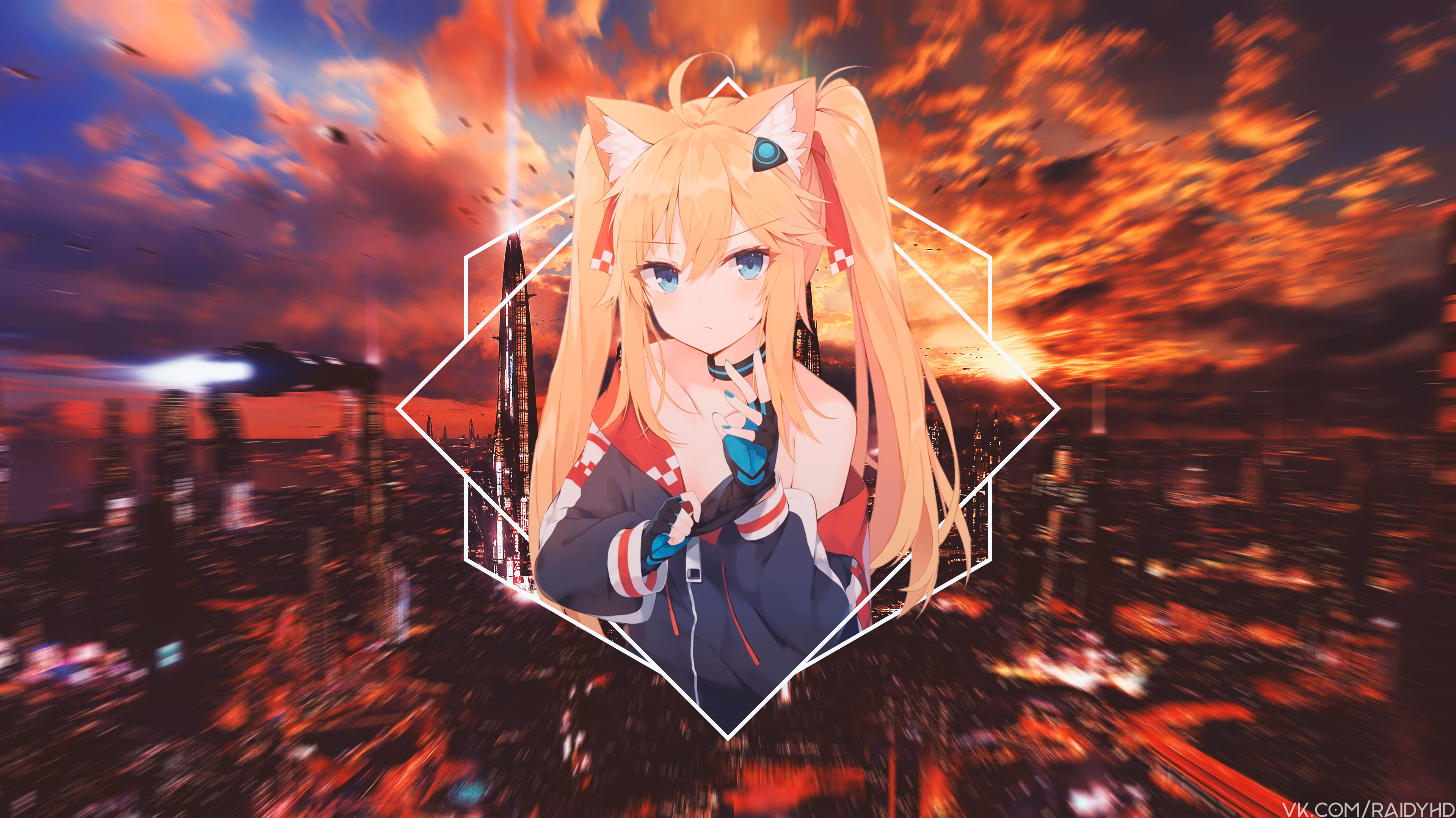 anime girls, picture-in-picture, anime, cat girl, blonde, animal ears, blue eyes, painted nails, long hair, sky, gloves, HD Wallpaper