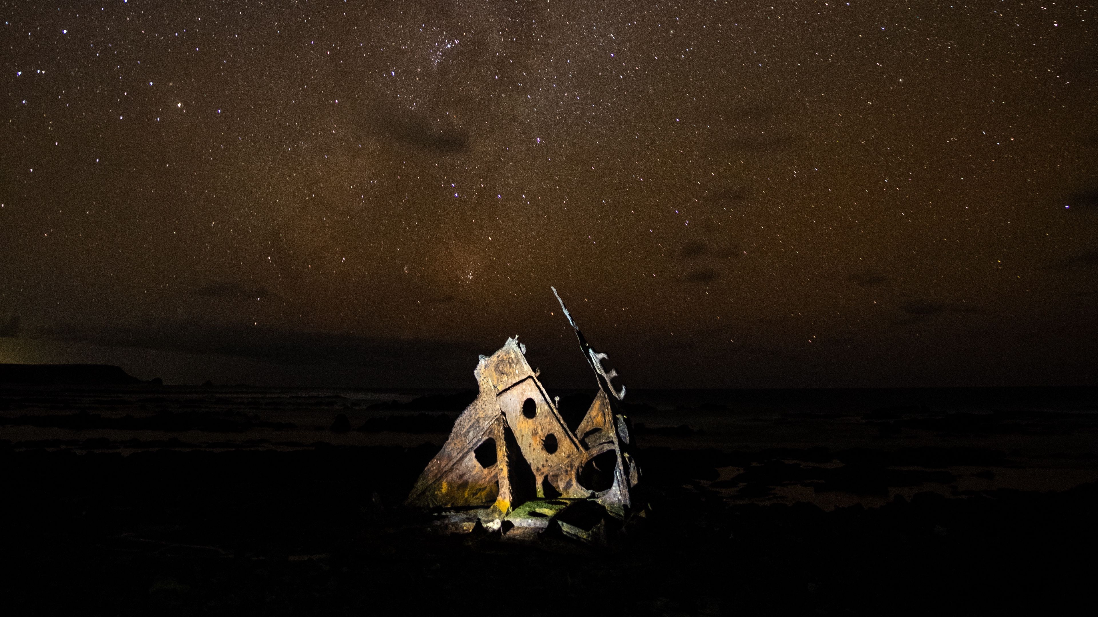 ship, debris, starry sky, milky way, night, stars, 4k, HD Wallpaper