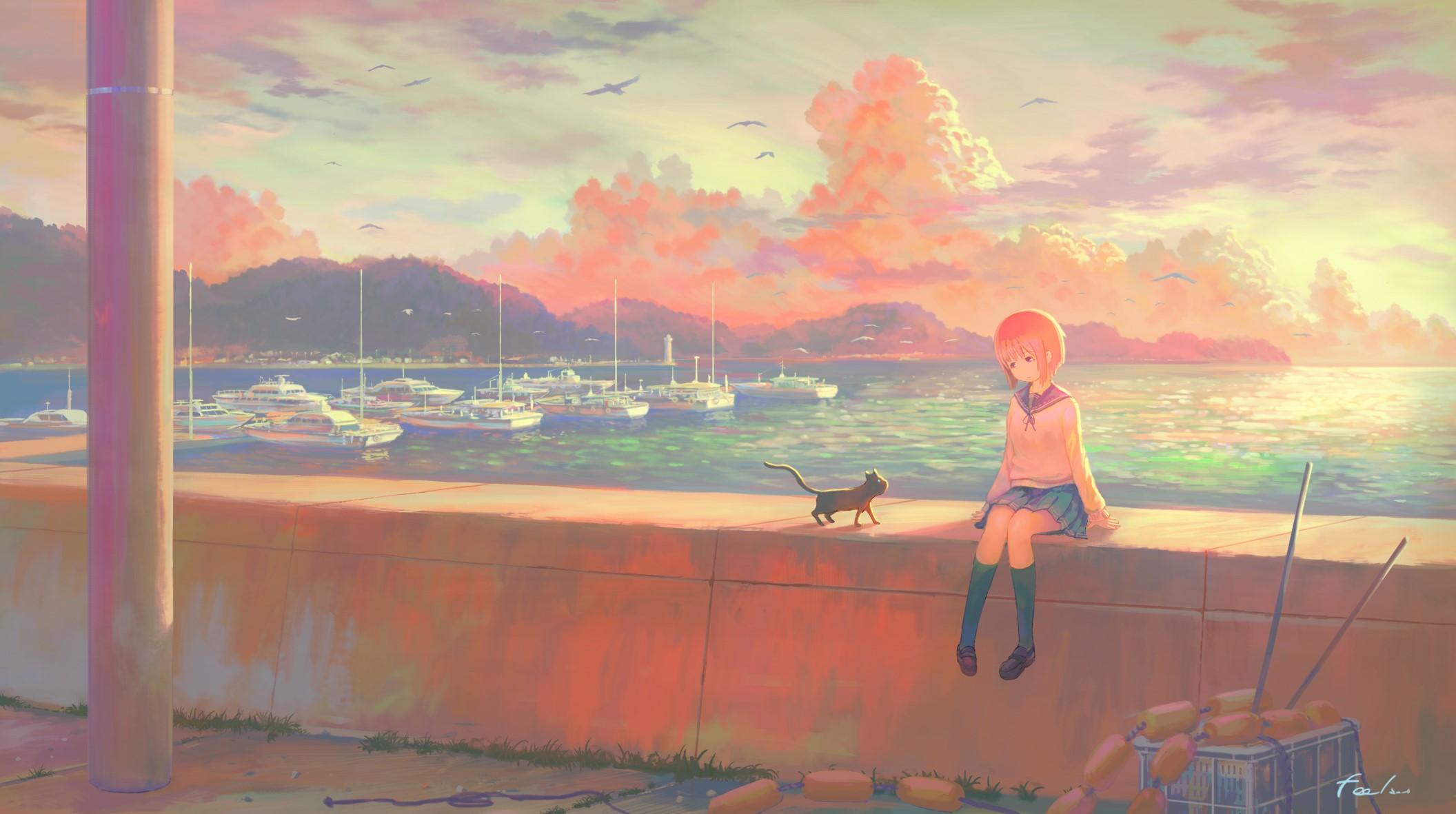 anime, anime girls, original characters, sky, sea, cats, schoolgirl, HD Wallpaper