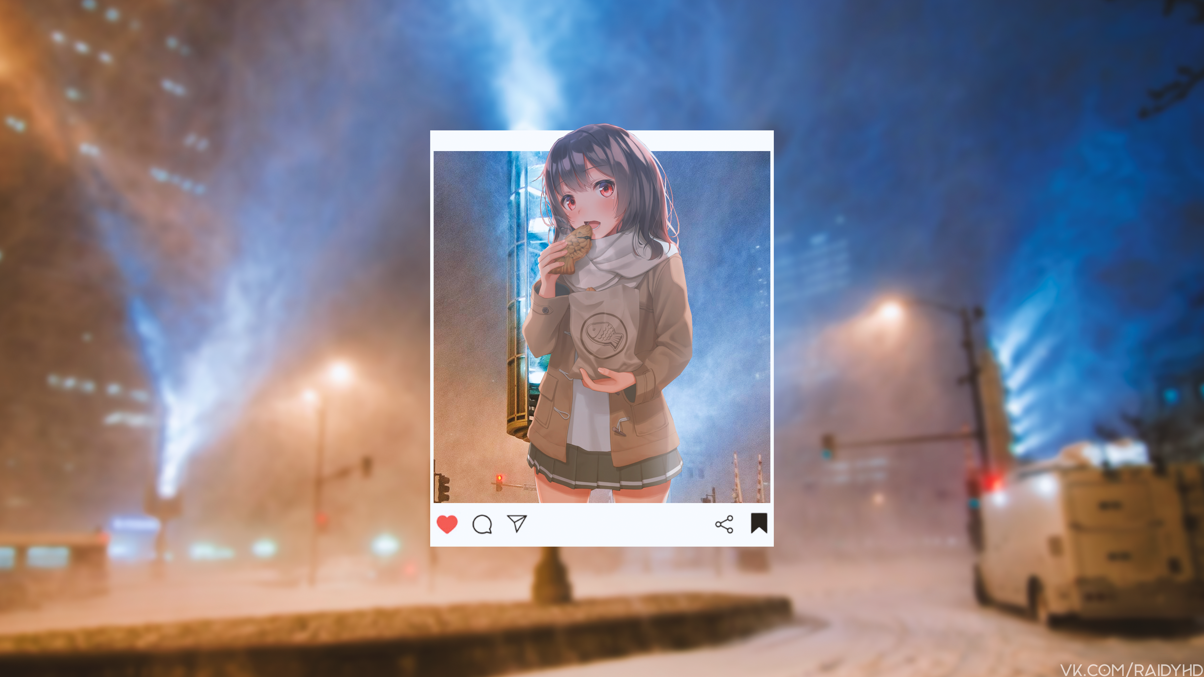 anime, anime girls, picture-in-picture, snow, street, HD Wallpaper