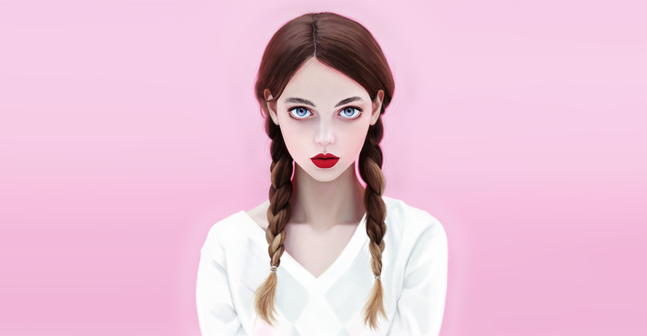 women, portrait, pink background, simple background, red lipstick, face, brunette, artwork, blue eyes, HD Wallpaper